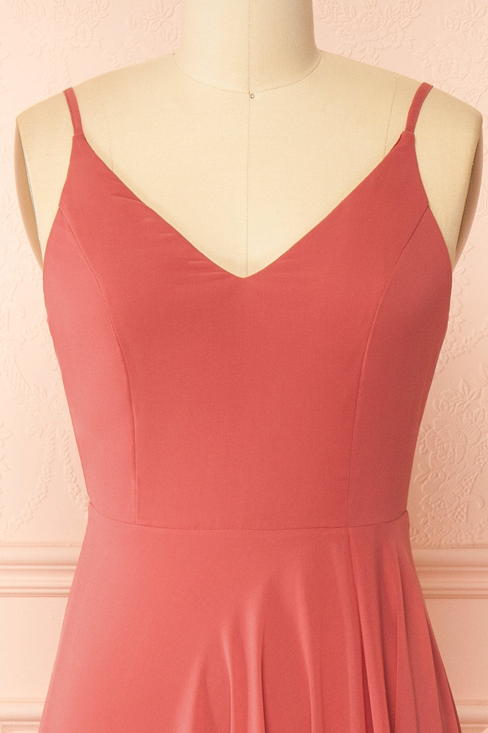 front of mannequin wearing Diana Pink Exclusive 1861 A-Line Chiffon Dress with Slit from Boutique 1861