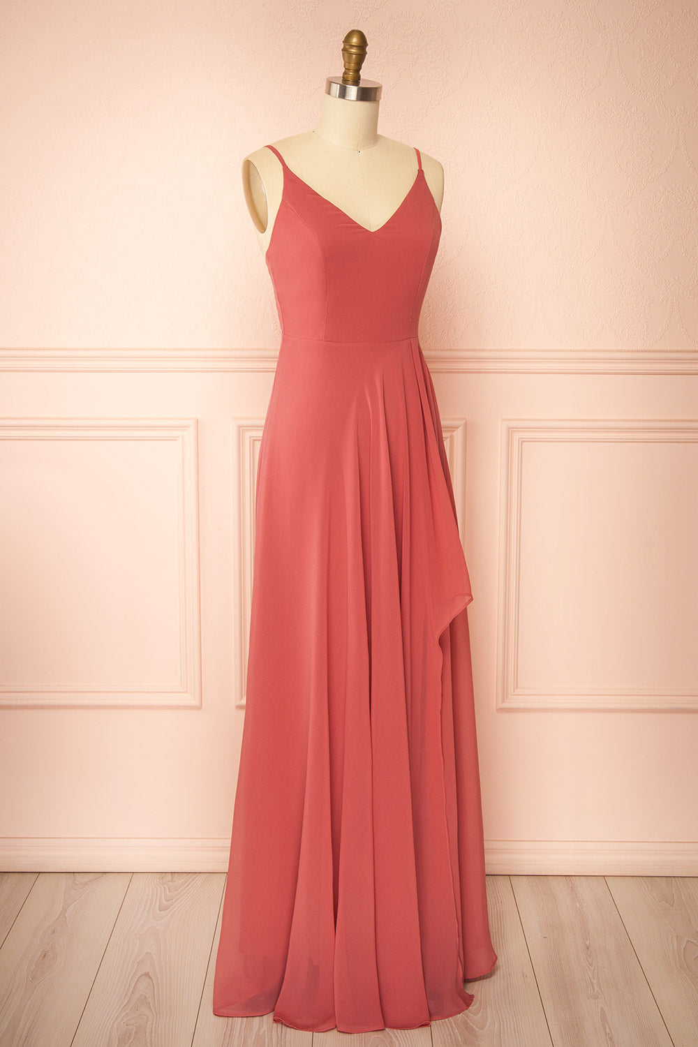 side view of mannequin wearing Diana Pink Exclusive 1861 A-Line Chiffon Dress with Slit from Boutique 1861