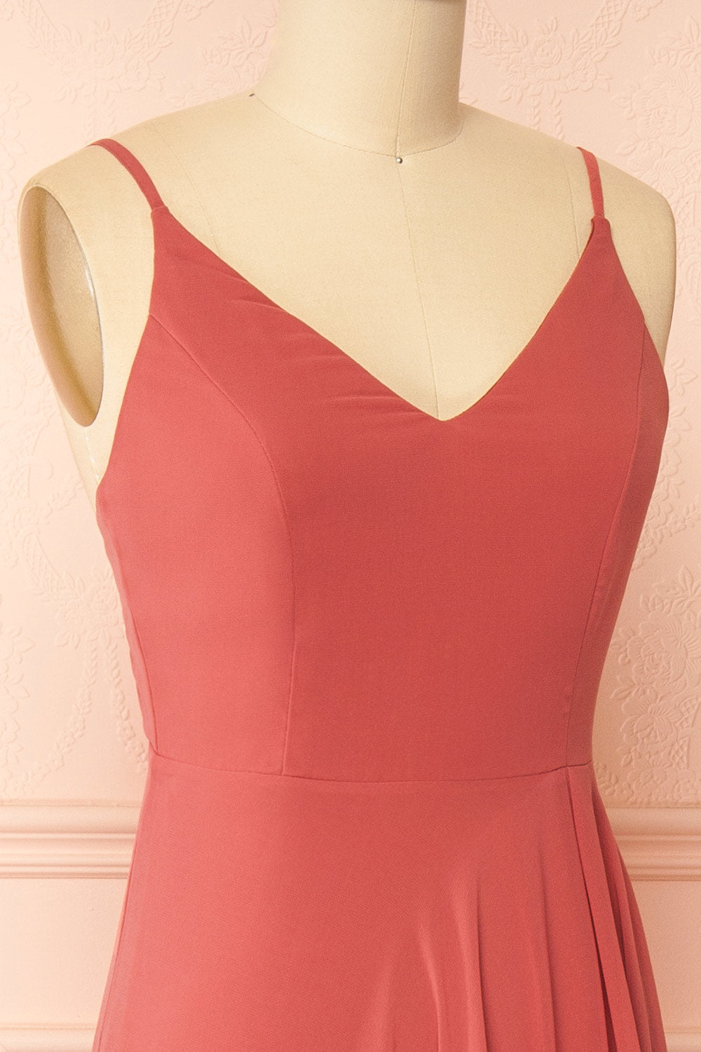 side of mannequin wearing Diana Pink Exclusive 1861 A-Line Chiffon Dress with Slit from Boutique 1861