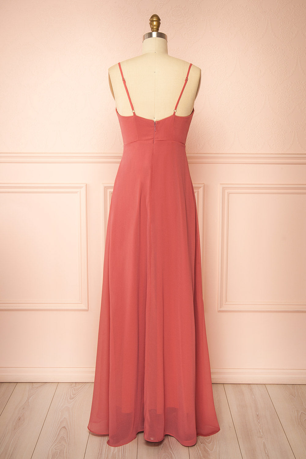 back view of mannequin wearing Diana Pink Exclusive 1861 A-Line Chiffon Dress with Slit from Boutique 1861