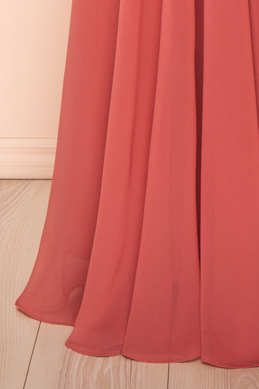 bottom of mannequin wearing Diana Pink Exclusive 1861 A-Line Chiffon Dress with Slit from Boutique 1861