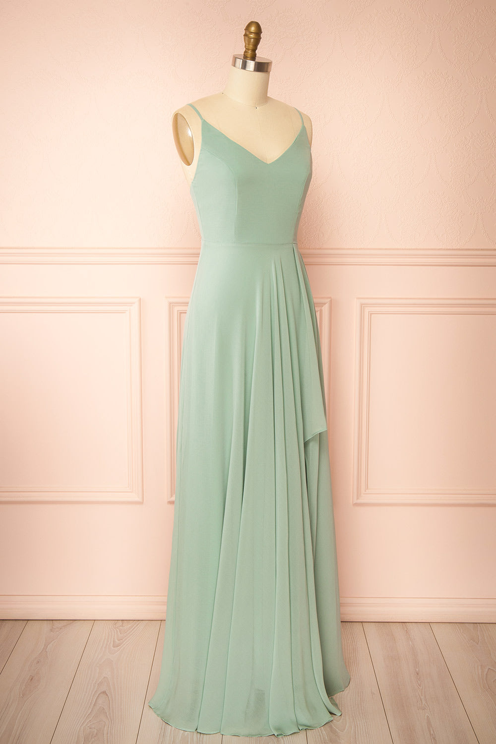 side view of a mannequin wearing Diana Rust Exclusive 1861 A-Line Chiffon Dress with Slit | Boutique 1861