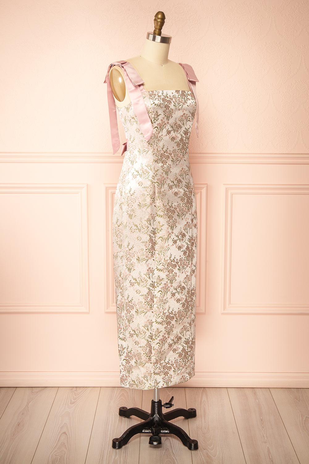 Dianne | Robe Midi Jacquard avec des Bretelles Roses