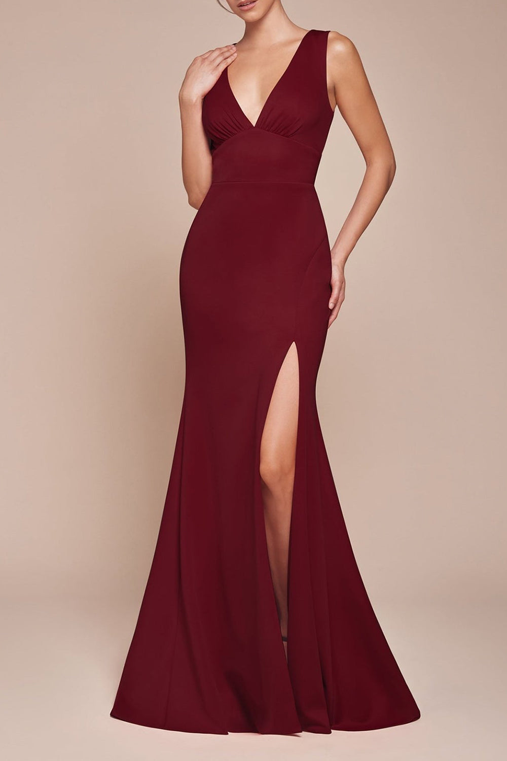 Diaz Burgundy Maxi Dress w/ Train | Boudoir 1861 on model