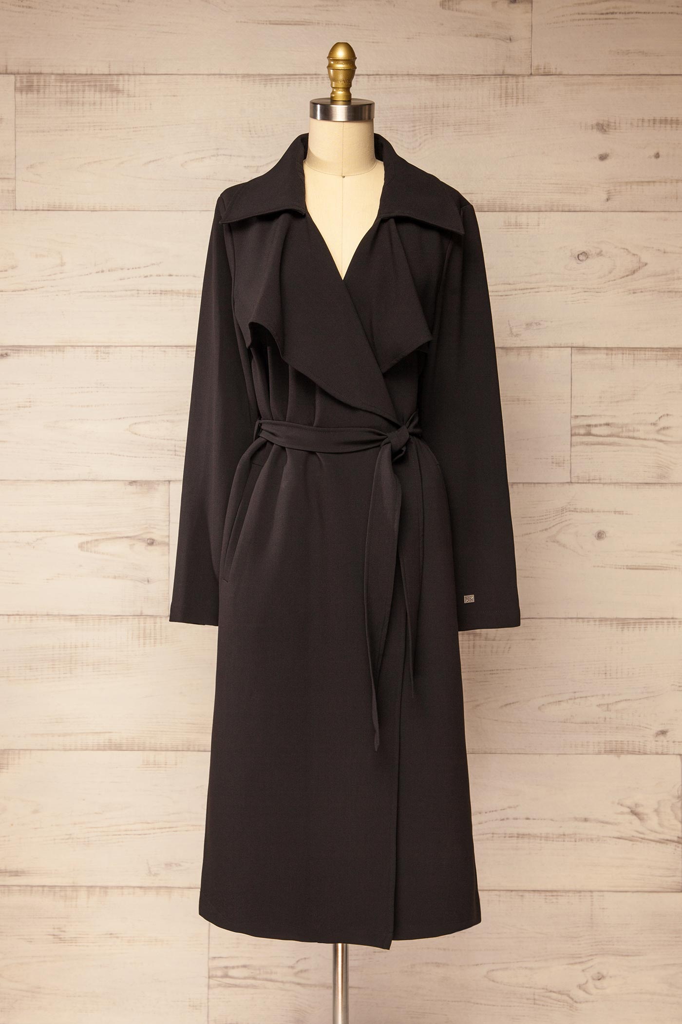 front view Dimitra Black Long Belted Coat with Storm Flaps at La petite garçonne