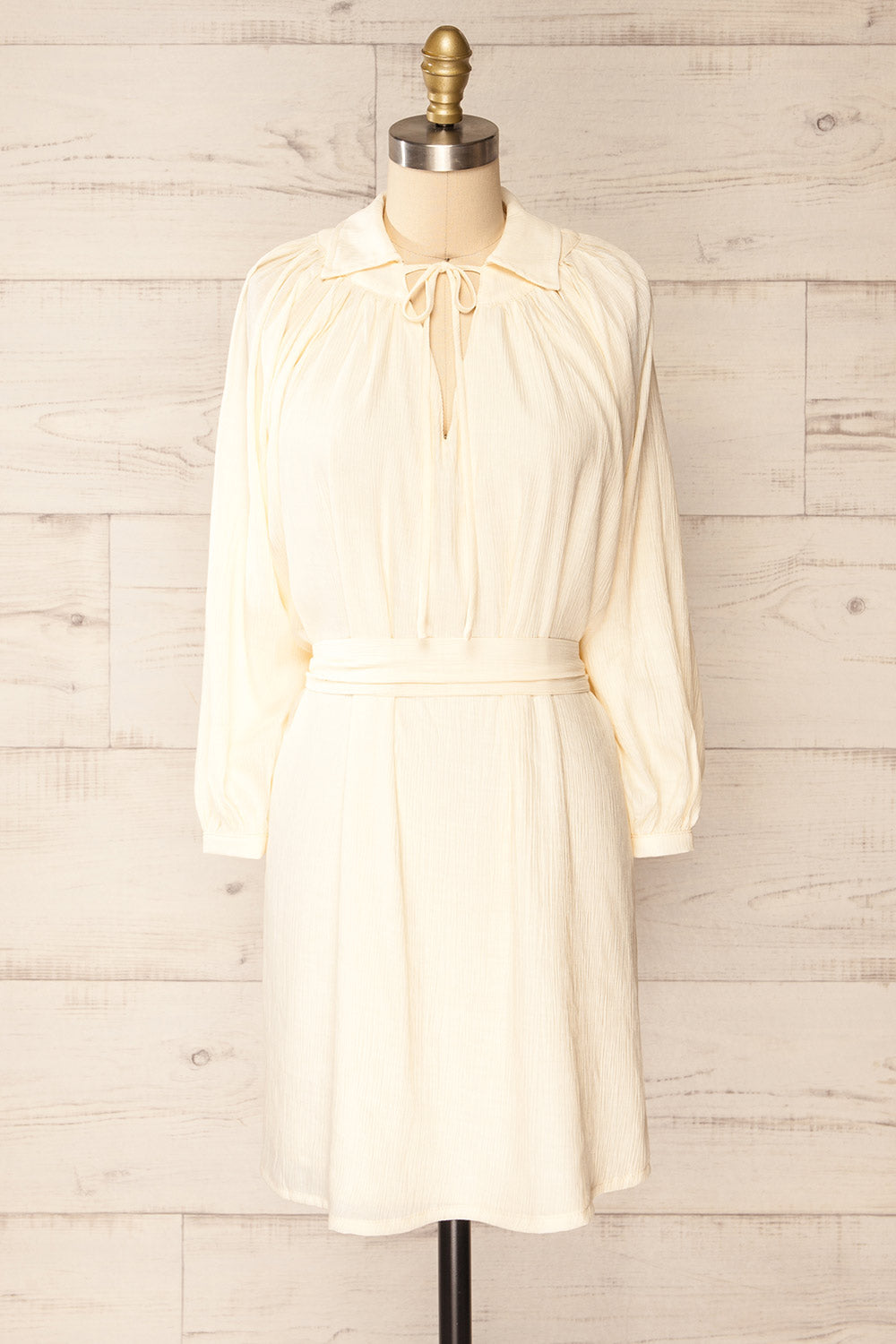 Djibouti Long Sleeve Short Beige Pleated Dress | La petite garçonne front view