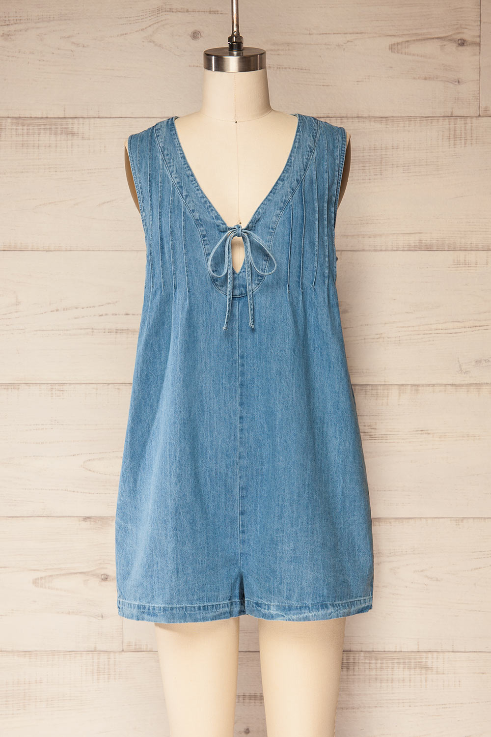 Dnipro Denim Romper with Pockets and Pleats | La petite garçonne front view