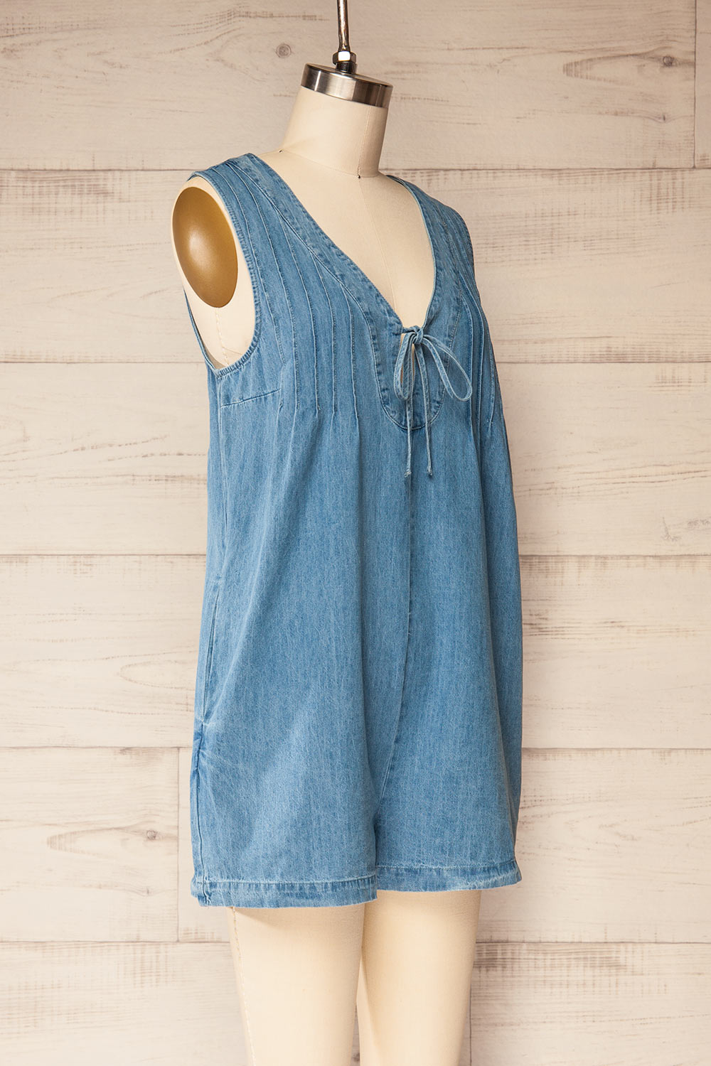 Dnipro Denim Romper with Pockets and Pleats | La petite garçonne side view
