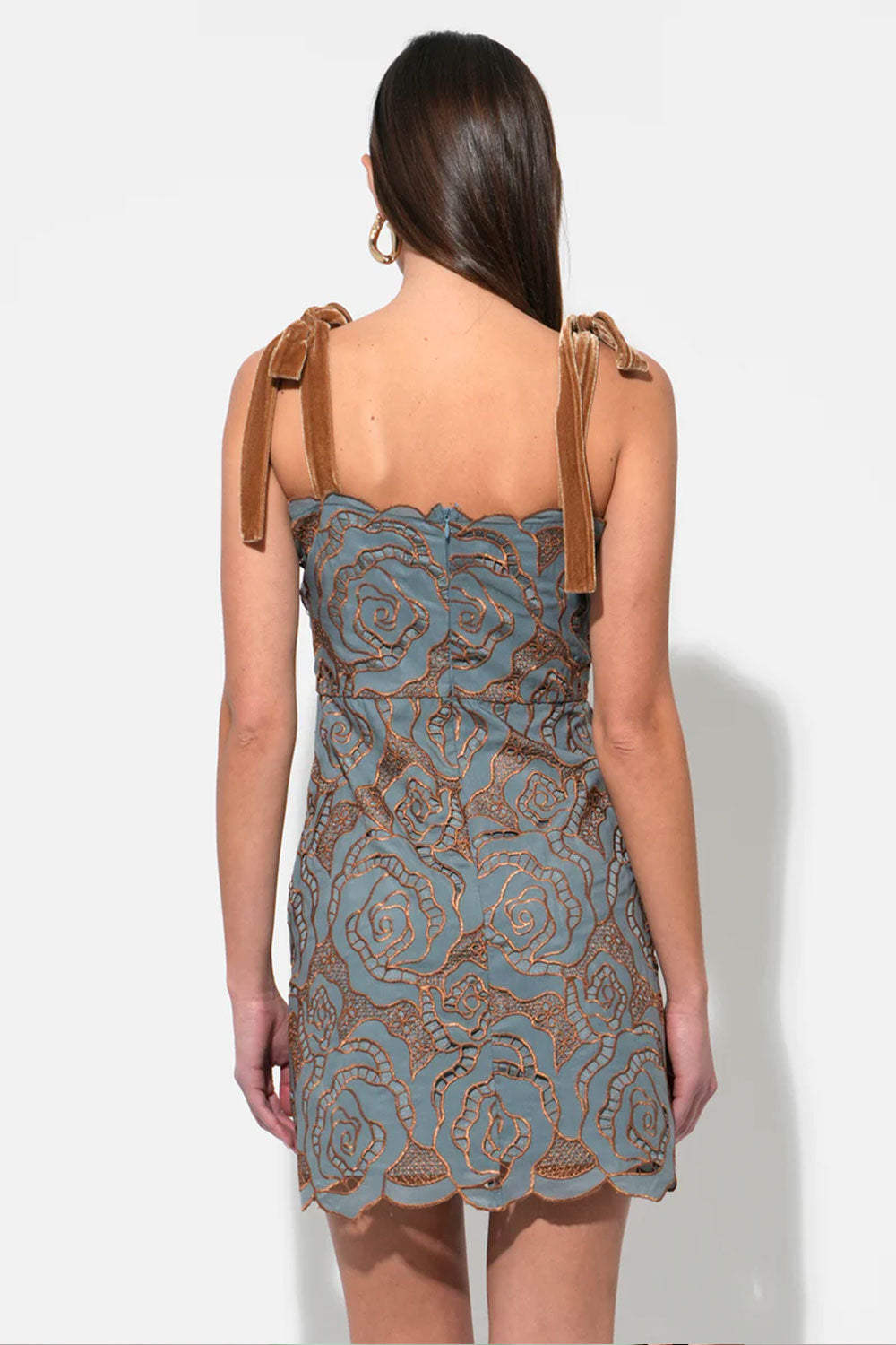 Donna | Blue Mini Dress with Copper Pattern |Back view on model