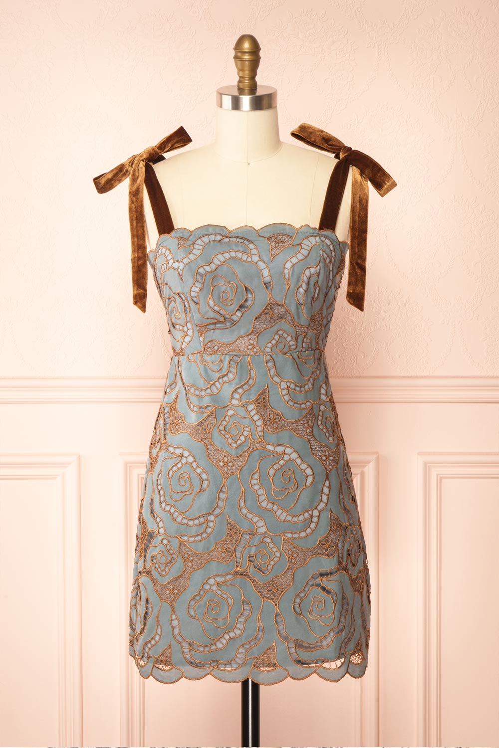 Donna | Blue Mini Dress with Copper Pattern | Front View
