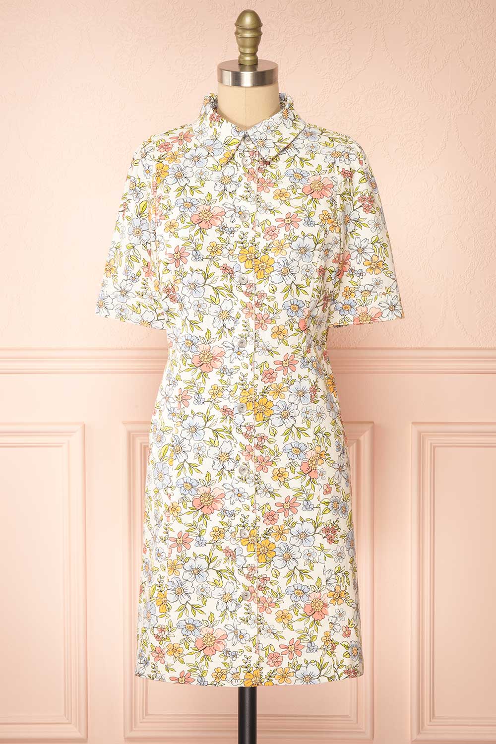 Dorcas Short Button-Up Denim Floral Dress | Boutique 1861 front view