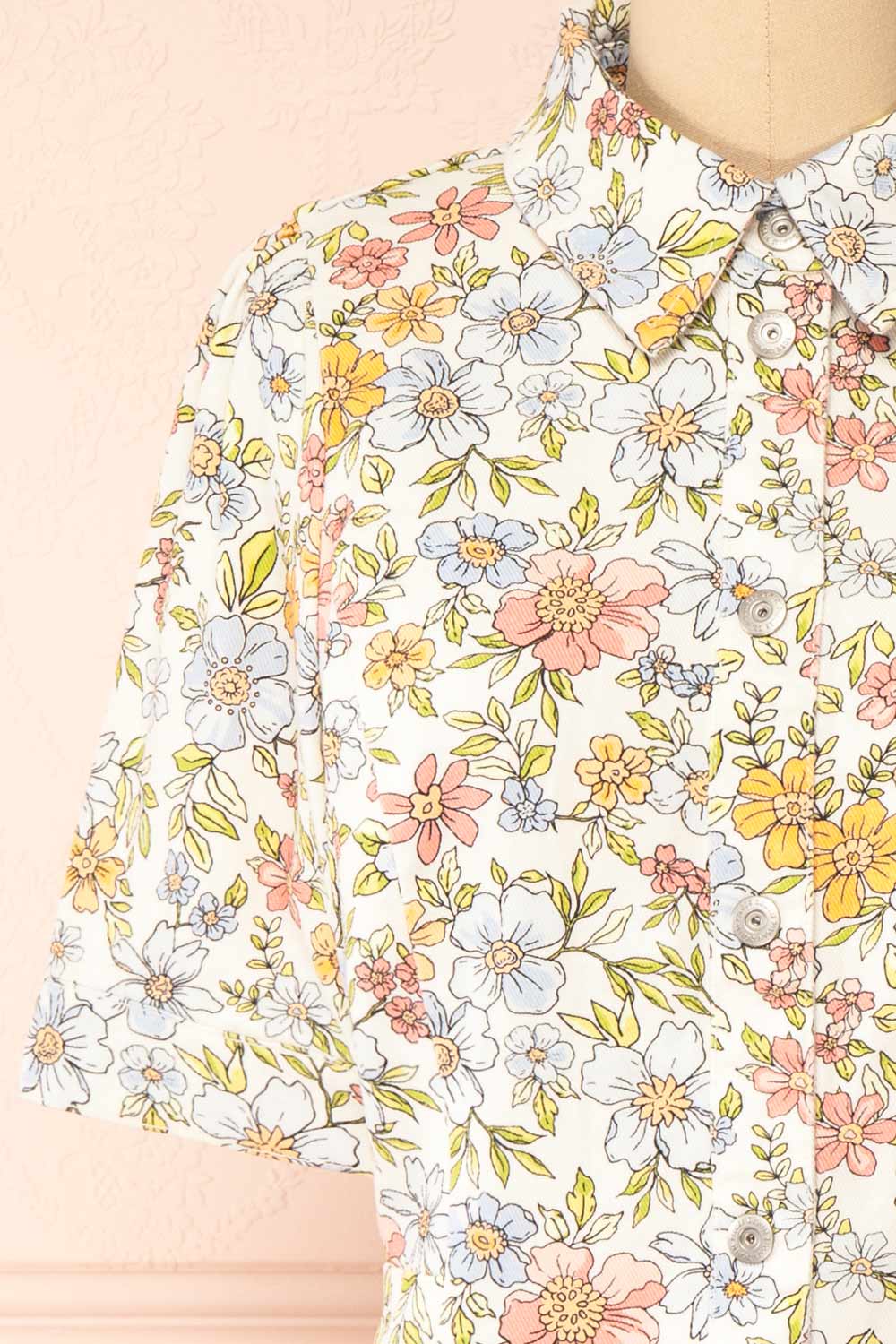 Dorcas Short Button-Up Denim Floral Dress | Boutique 1861  front 