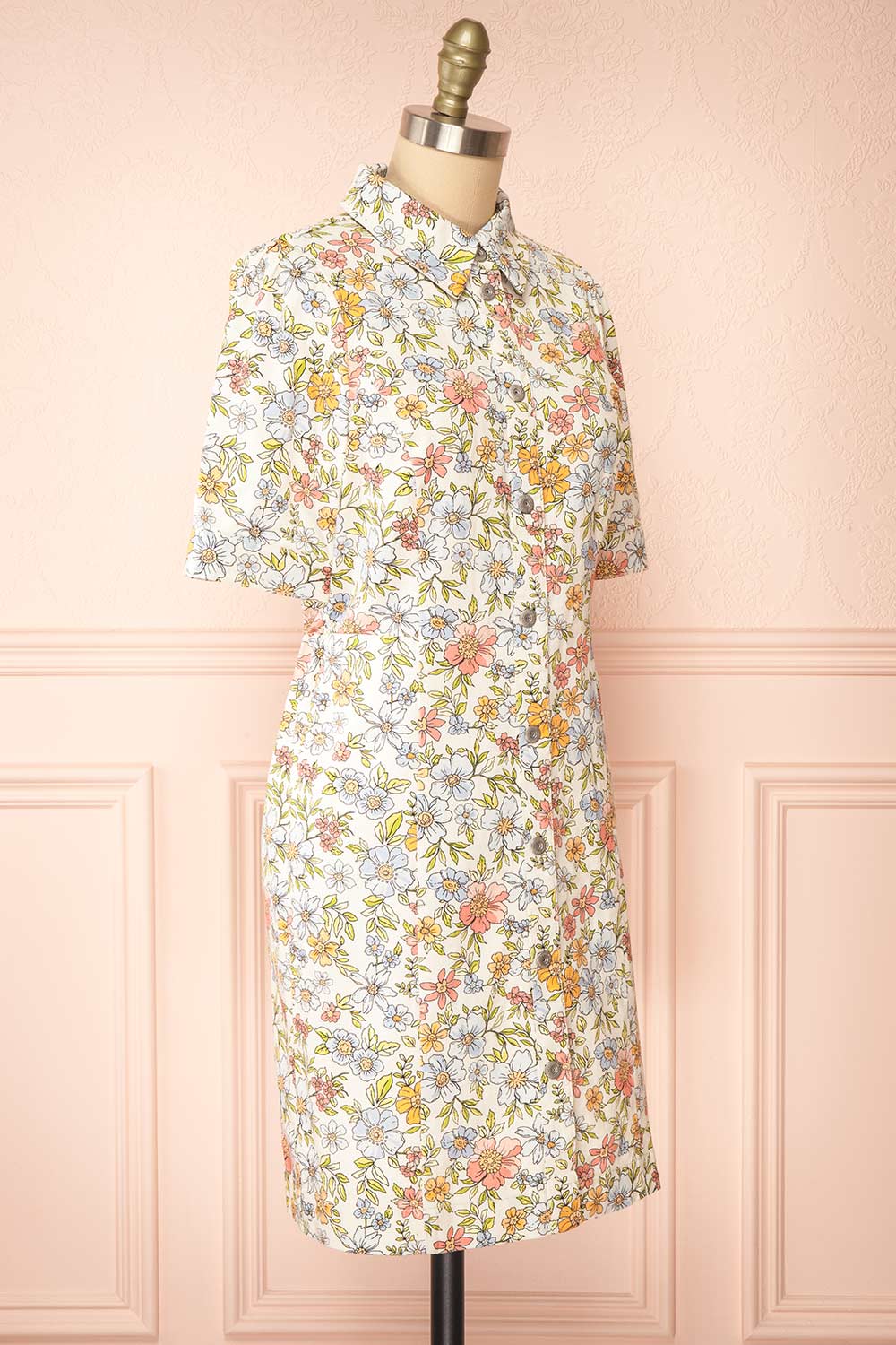 Dorcas Short Button-Up Denim Floral Dress | Boutique 1861  side view 