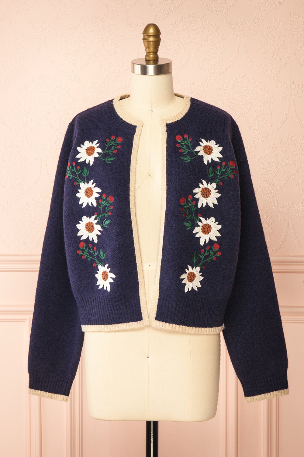 Dorianna Navy Floral Embroidered Cardigan | Boutique 1861 front view