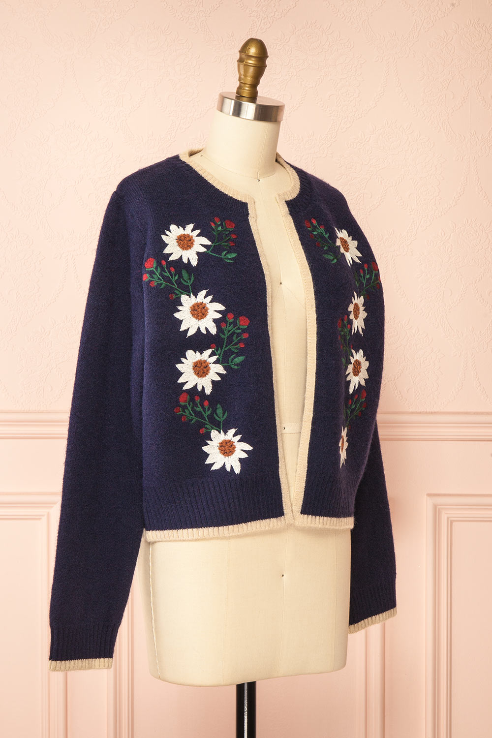 Dorianna Navy Floral Embroidered Cardigan | Boutique 1861 side view