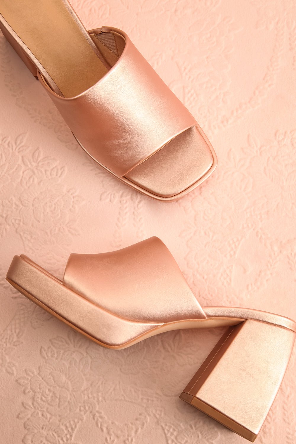 Dorisse Rose Gold Heeled Mules | Boutique 1861 flat view