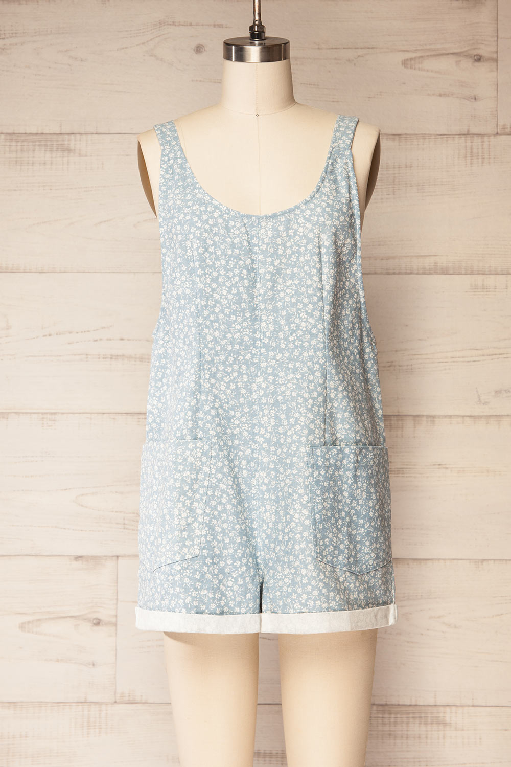 Douala Blue Denim Romper with White Floral Prints | La petite garçonne front view