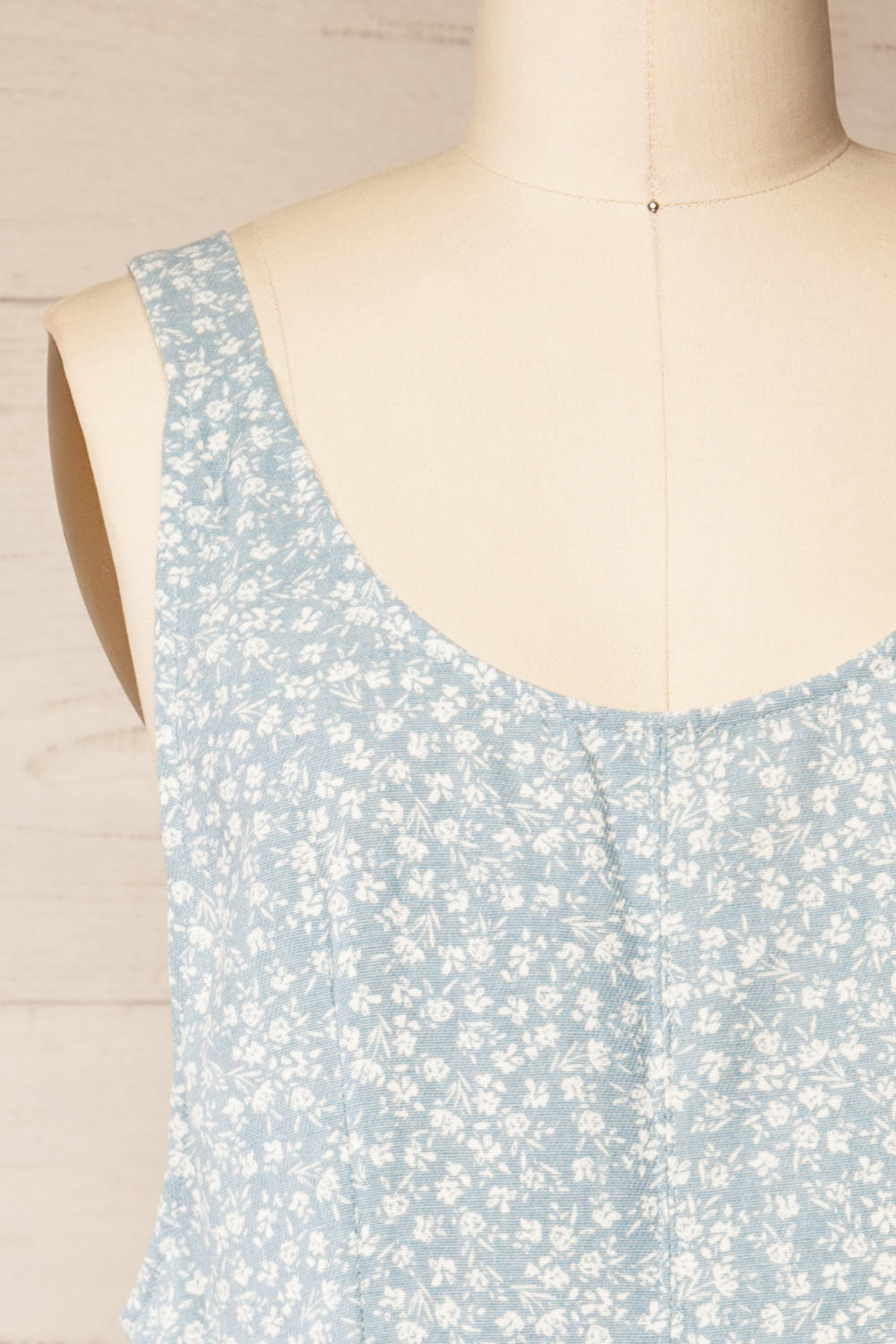 Douala Blue Denim Romper with White Floral Prints | La petite garçonne front