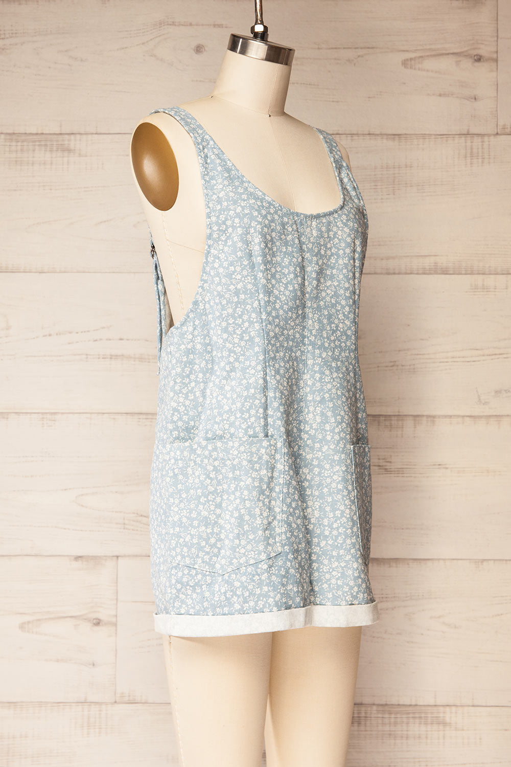 Douala Blue Denim Romper with White Floral Prints | La petite garçonne side view