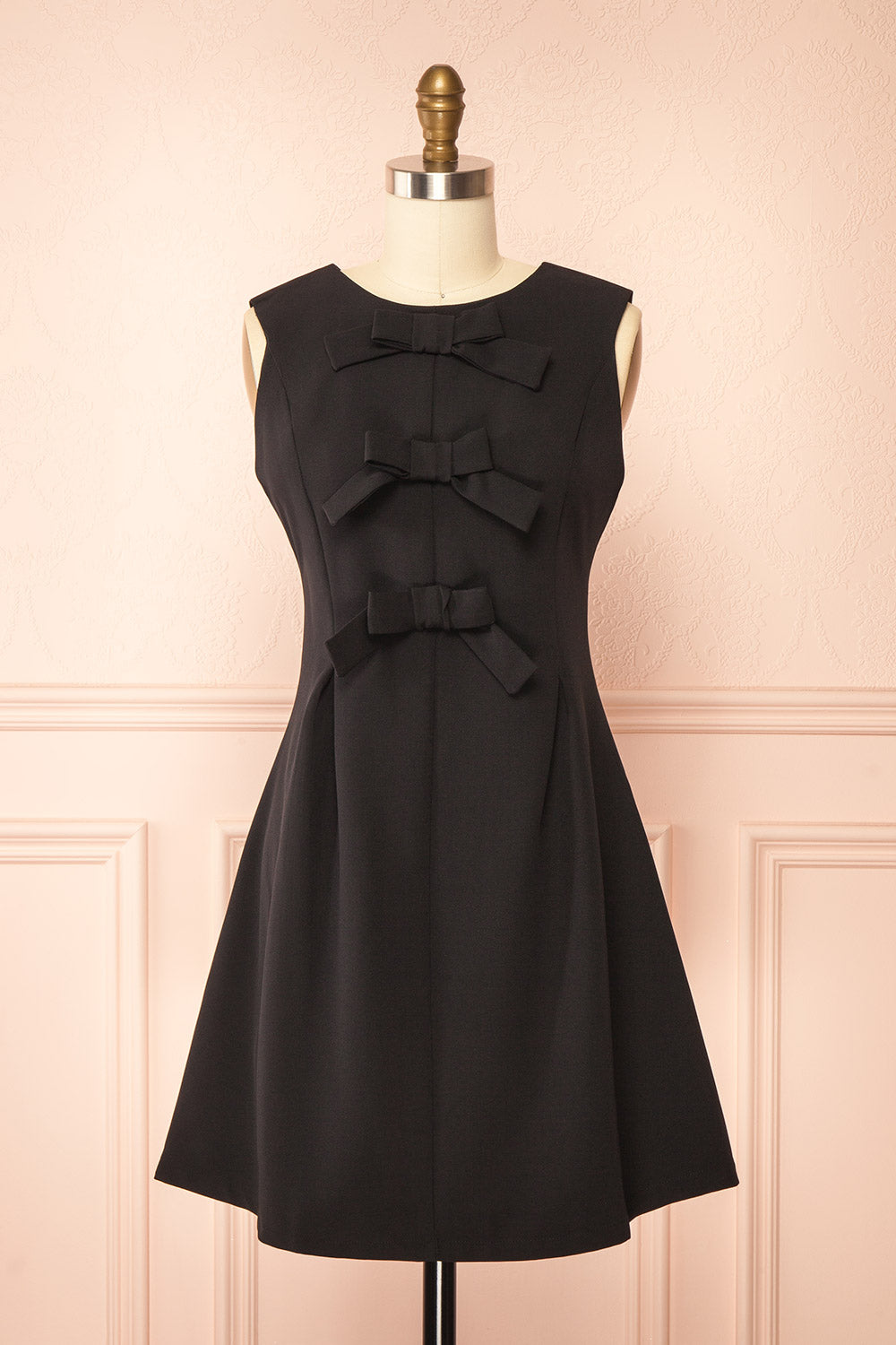 Dounia Short Sleeveless Black Dress with Bows | Boutique 1861 front view