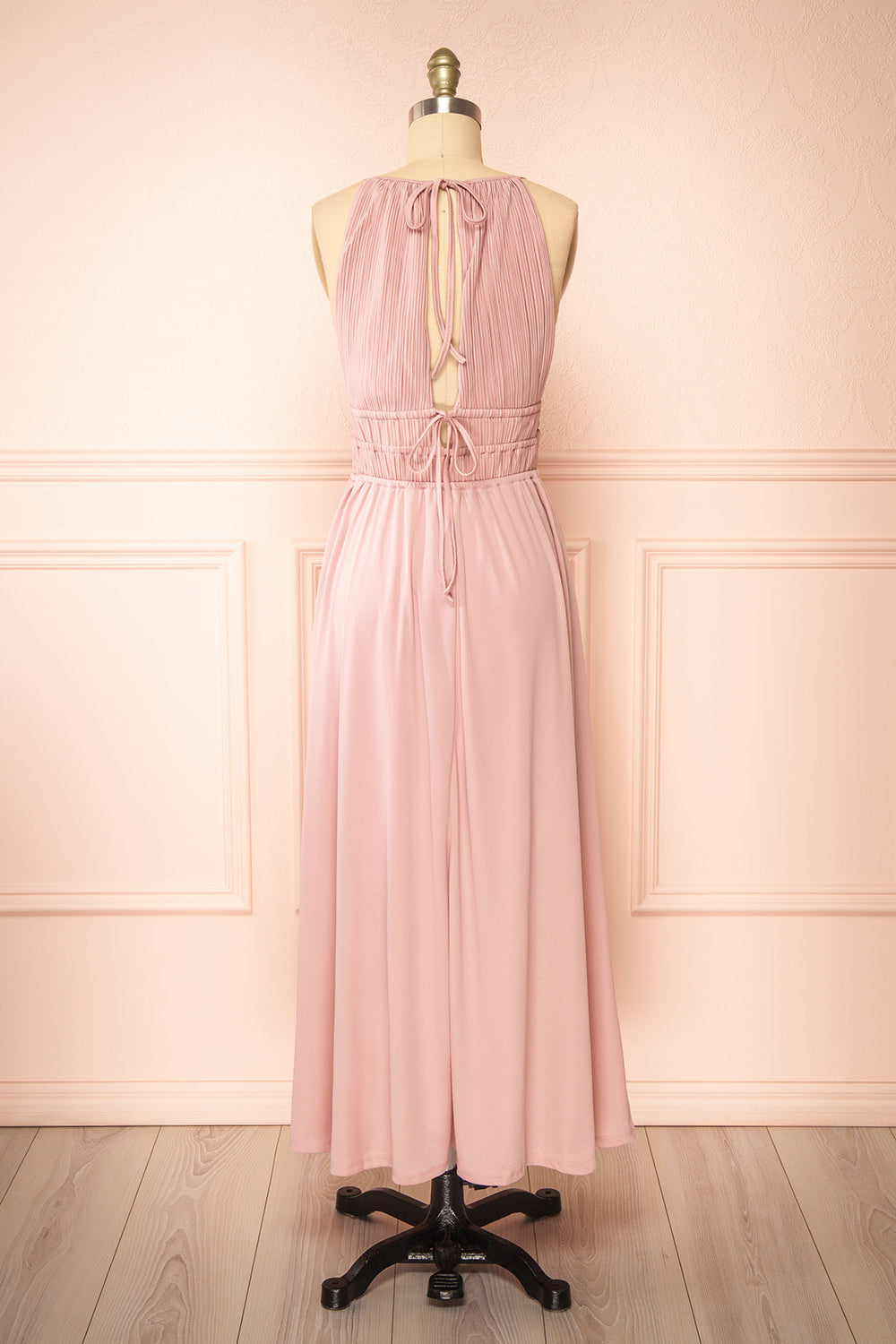 Dovie Mauve Midi Dress w/ Pleated Bodice | Boutique 1861 back view