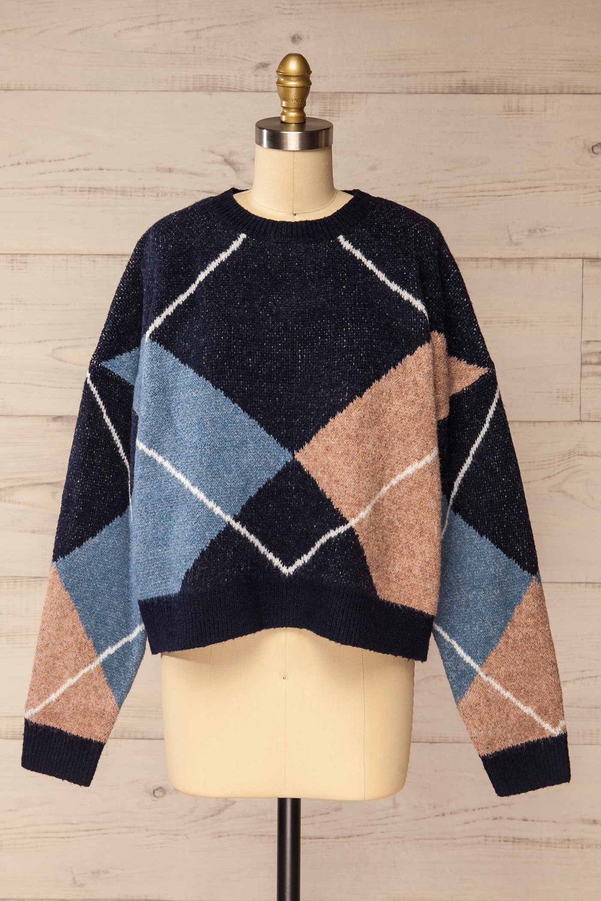 front view of Dubbo Navy Geometric Argyle Knit Sweater at La petite garçonne