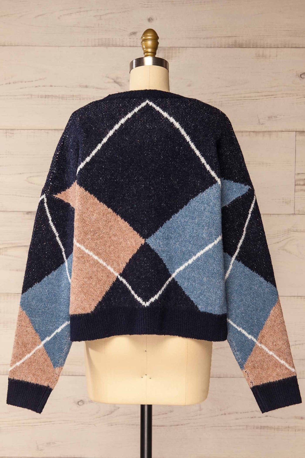 back view of Dubbo Navy Geometric Argyle Knit Sweater at La petite garçonne