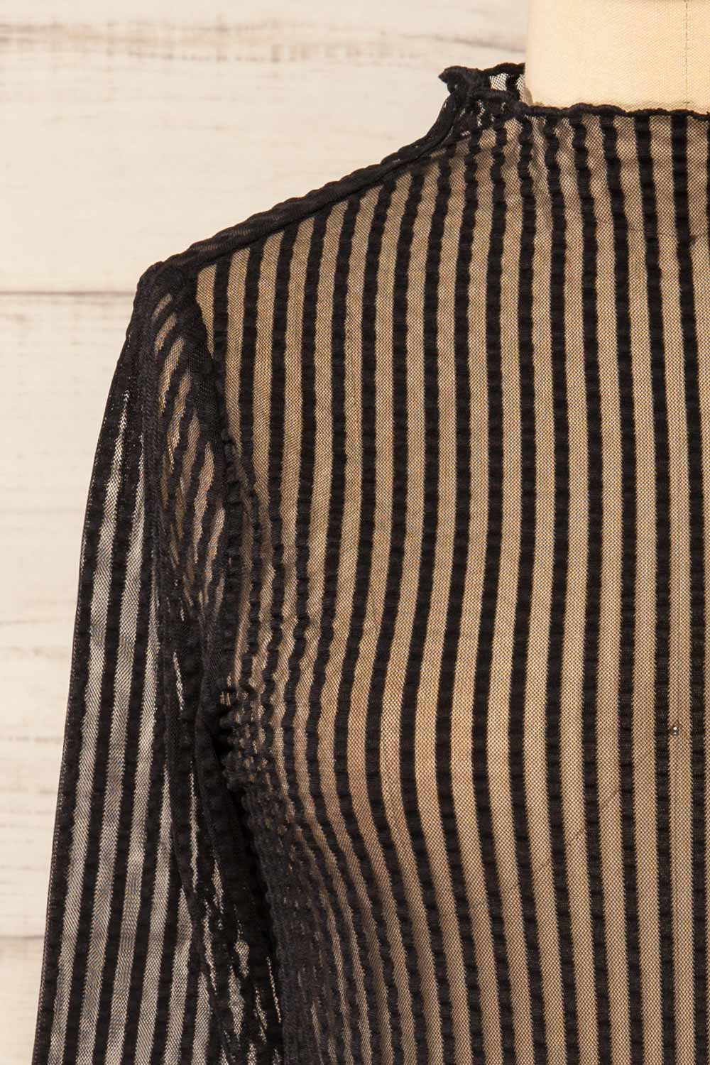 Dubrovnik Ribbed Mesh Long Sleeve Black Top | La petite garçonne front close-up
