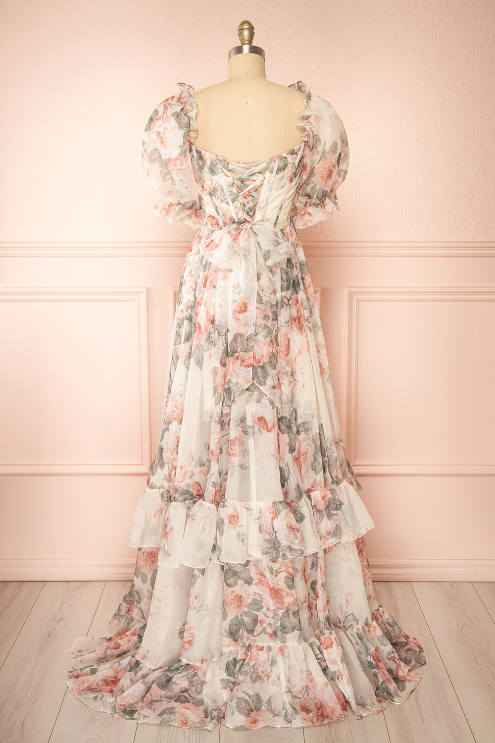 Duchesse Floral Corset Maxi Dress w/ Ruffles | Boutique 1861 back view
