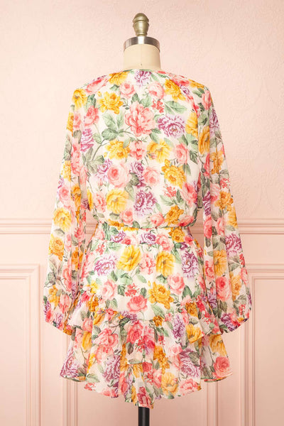 Echa Colourful Short Floral Dress w/ Long Sleeves | Boutique 1861 back view