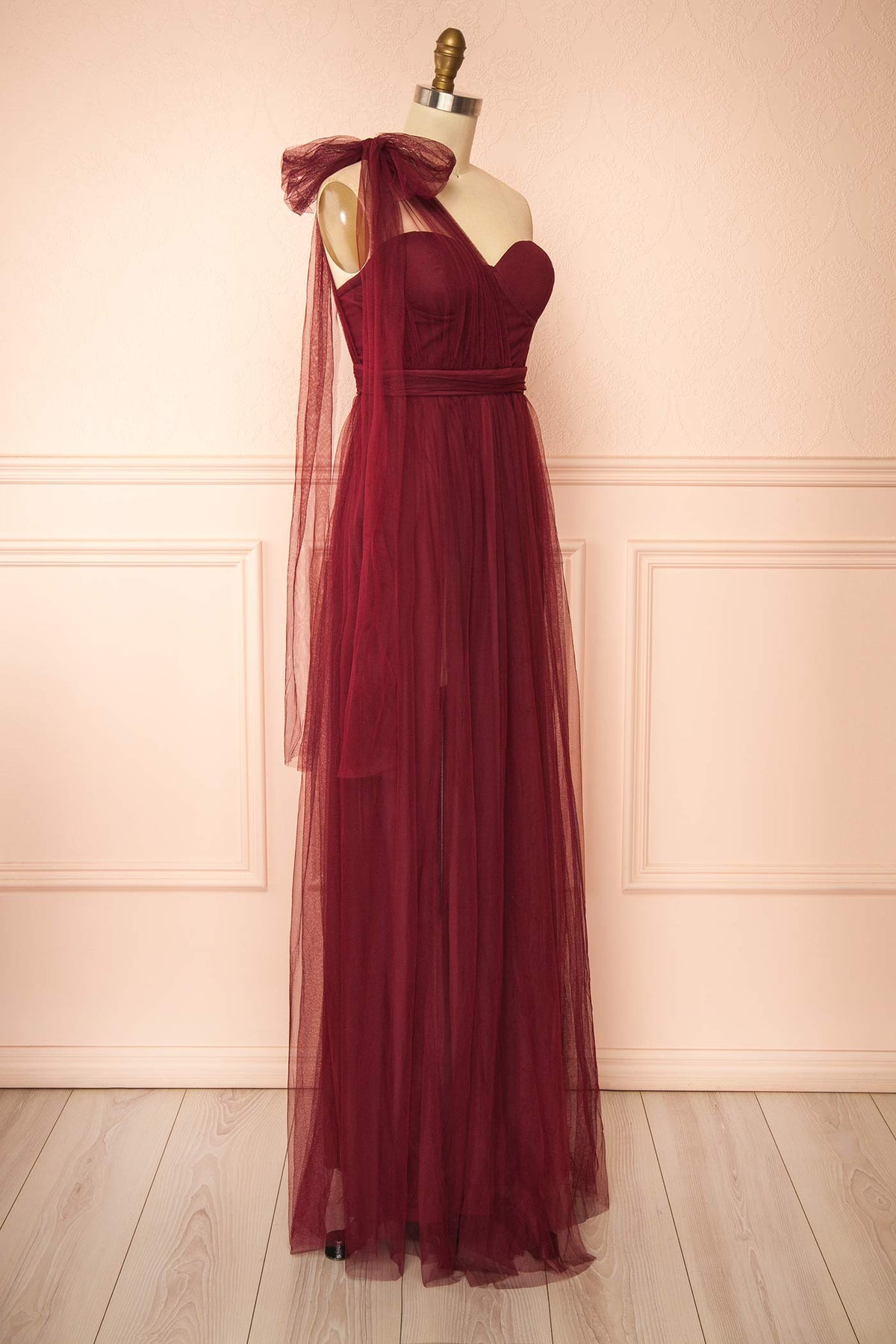 side view of Edalise Burgundy One-Shoulder Tulle Maxi Dress with Front Slits at Boutique 1861