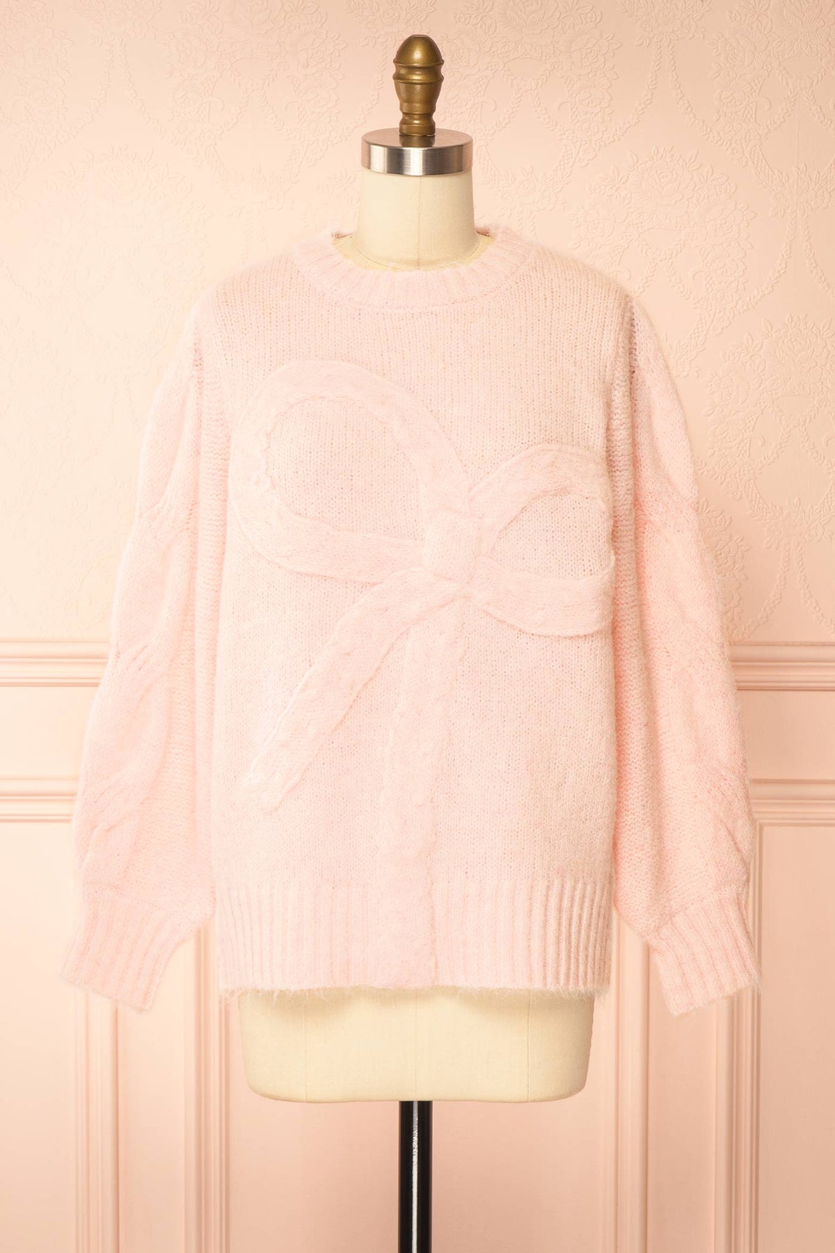 front view of Edelmina Pink Knit Sweater with Bow at Boutique 1861