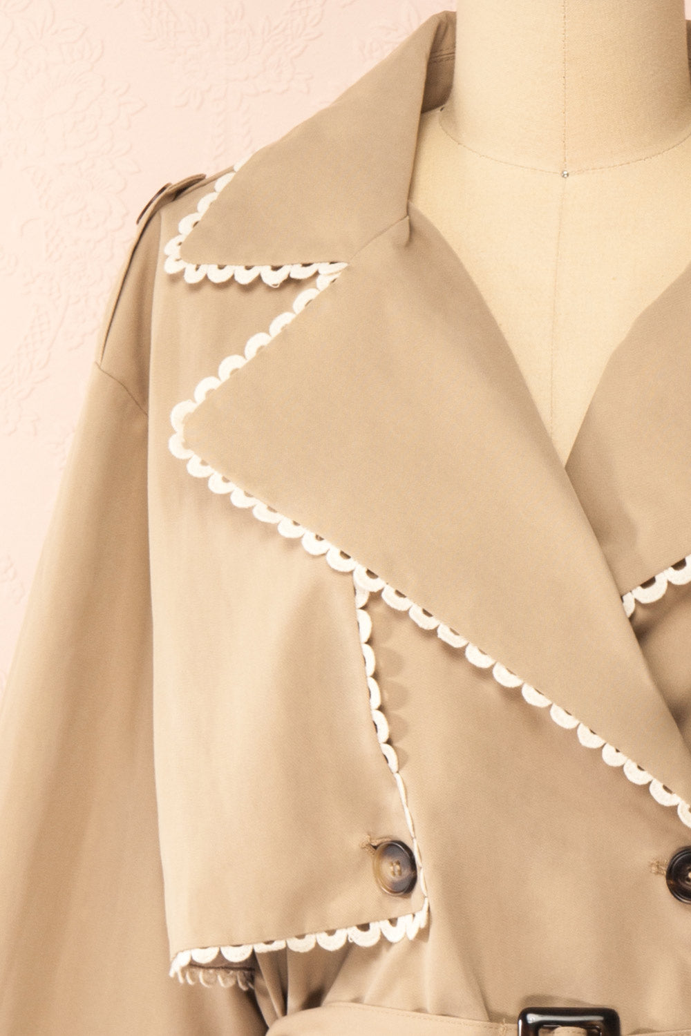 Edgware Lace Trim Beige Trench Coat | Boutique 1861 close-up