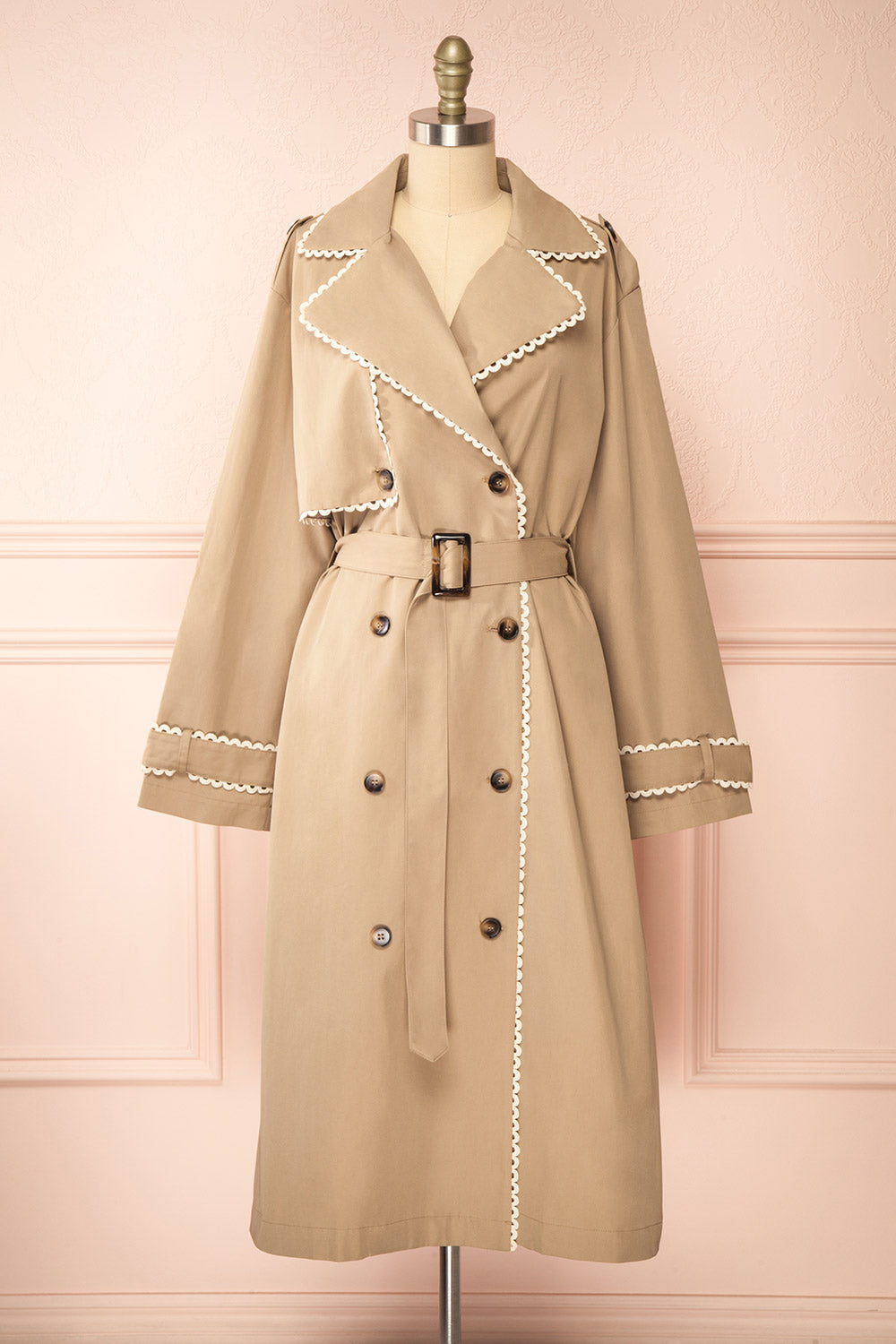 Edgware Lace Trim Beige Trench Coat | Boutique 1861 front view