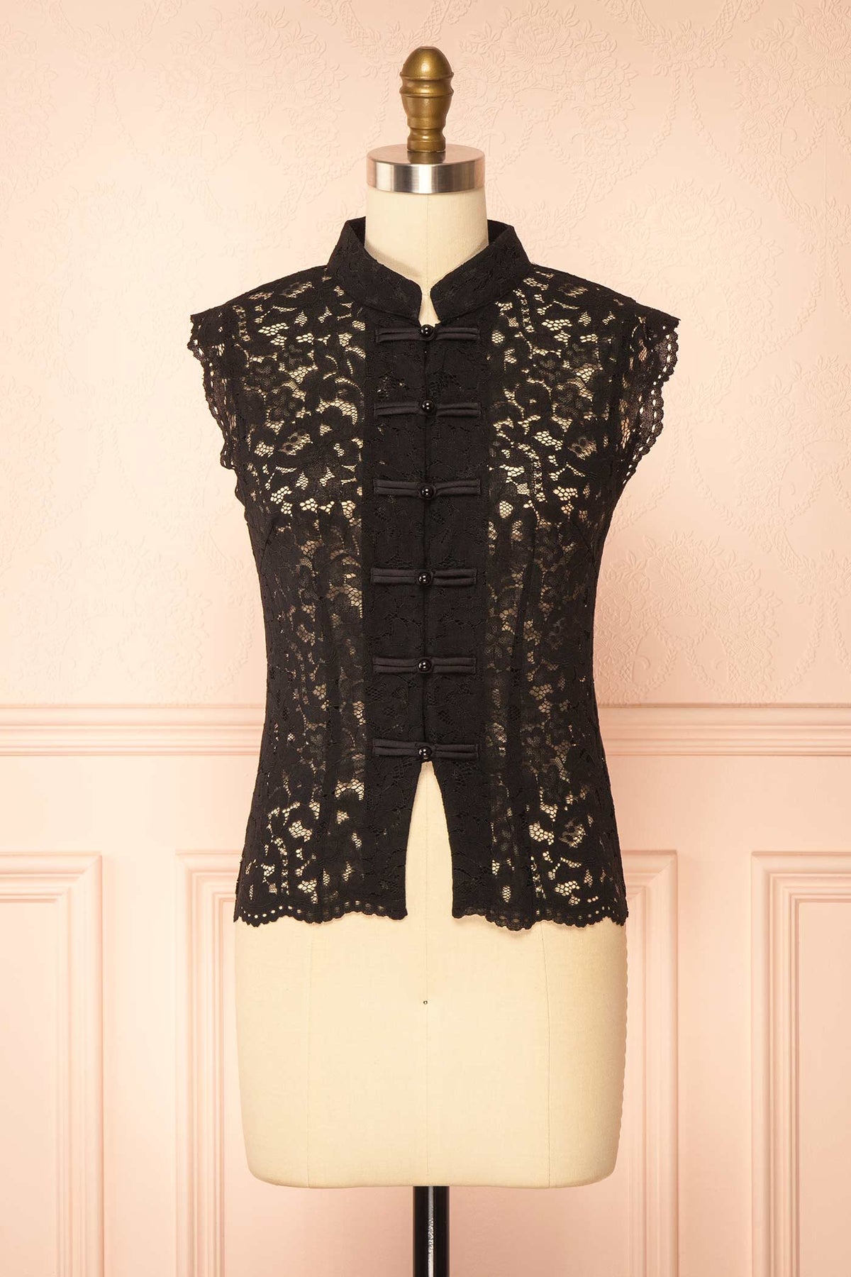 front view of Edmai Black Sleeveless Lace Top with Collar at Boutique 1861