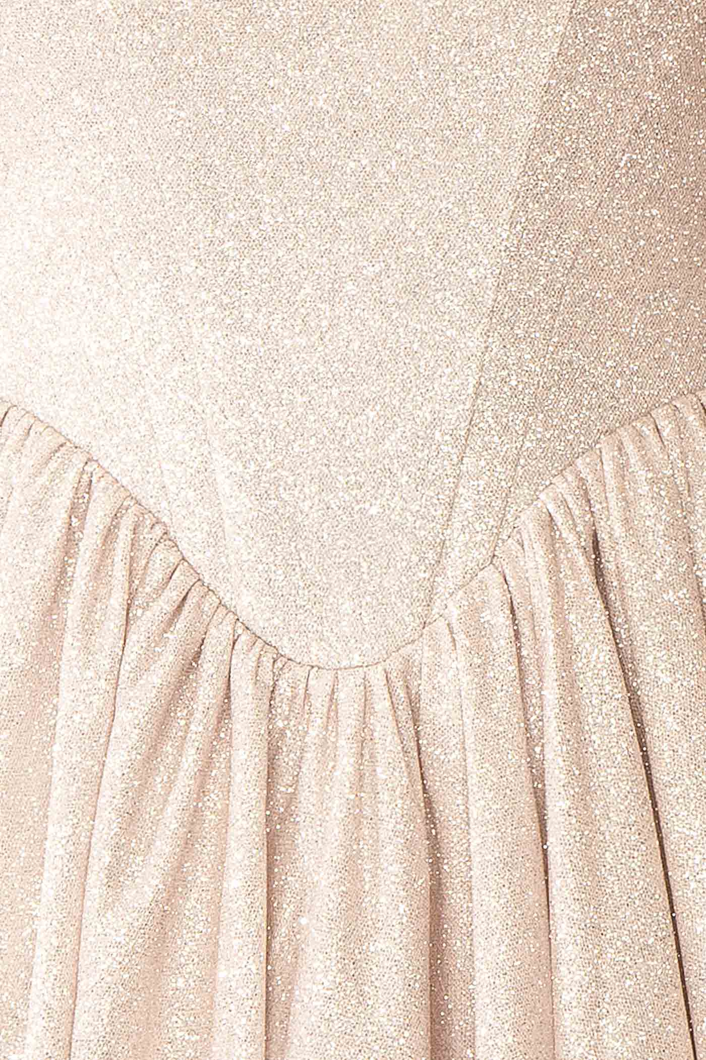 Edmida Champagne Glitter Corset Basque Waist Mini Dress | Boutique 1861 fabric