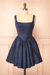 Edmida Navy Glitter Corset Basque Waist Mini Dress | Boutique 1861 front