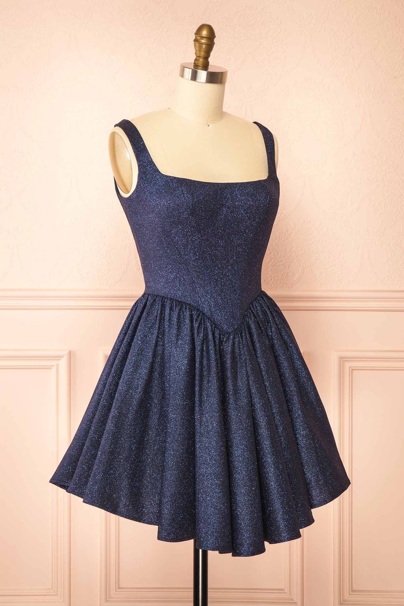 Edmida Navy Glitter Corset Basque Waist Mini Dress | Boutique 1861 side