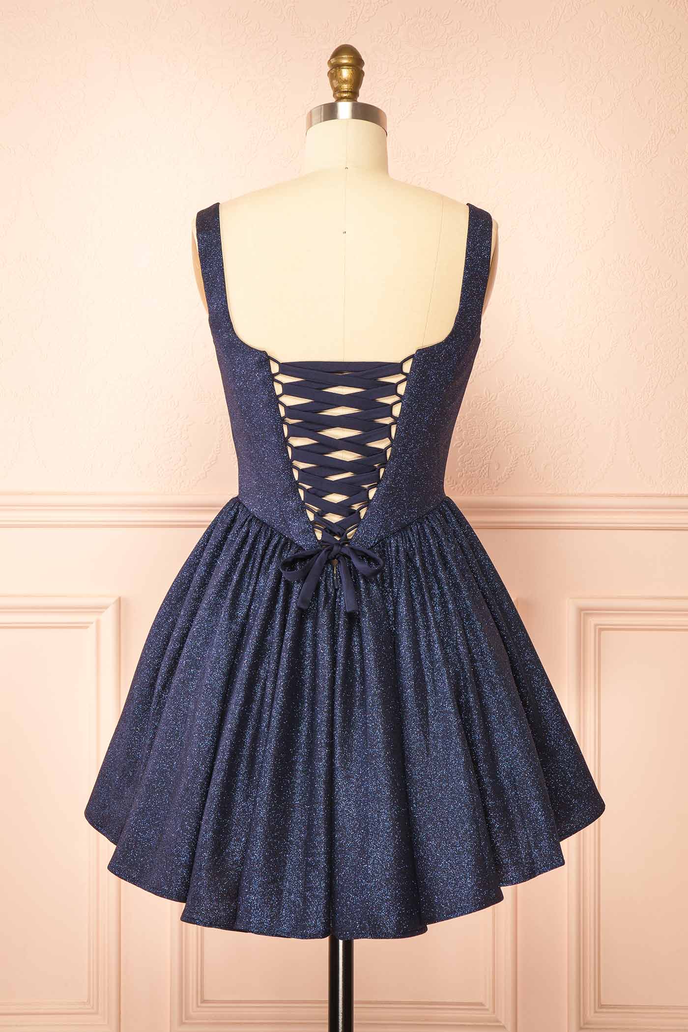 Edmida Navy Glitter Corset Basque Waist Mini Dress | Boutique 1861 back