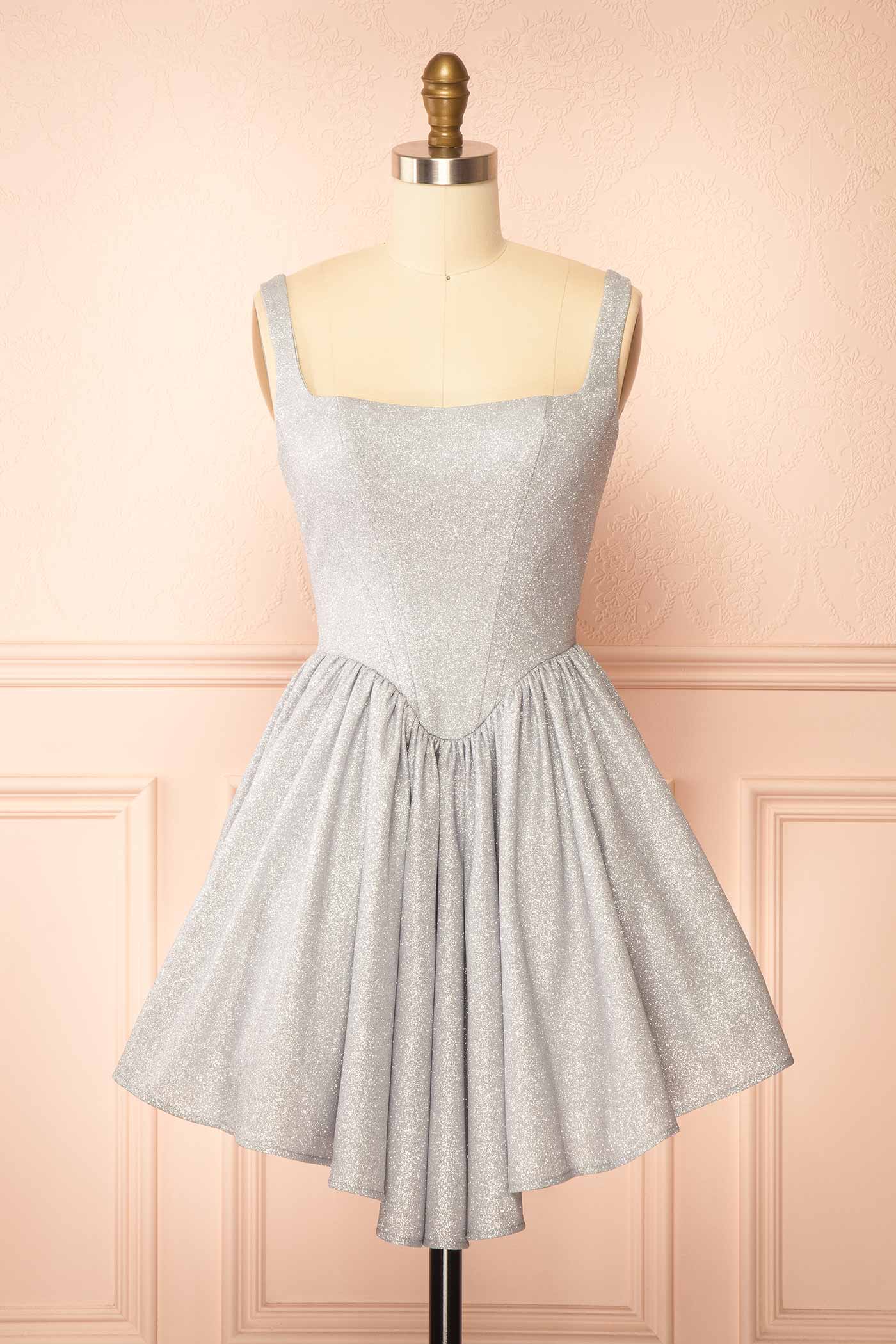 Edmida Silver Glitter Corset Basque Waist Mini Dress | Boutique 1861 front
