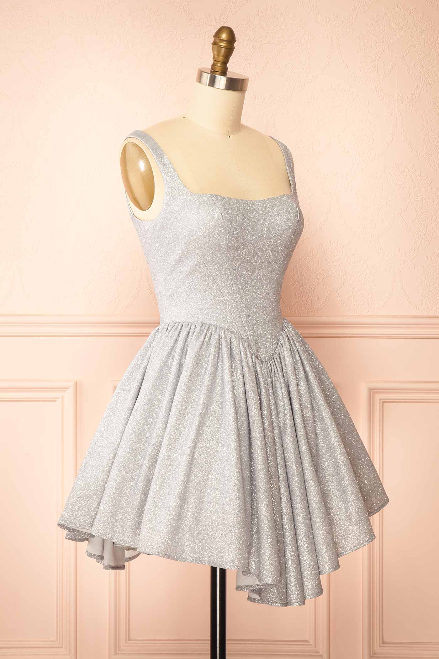 Edmida Silver Glitter Corset Basque Waist Mini Dress | Boutique 1861 side