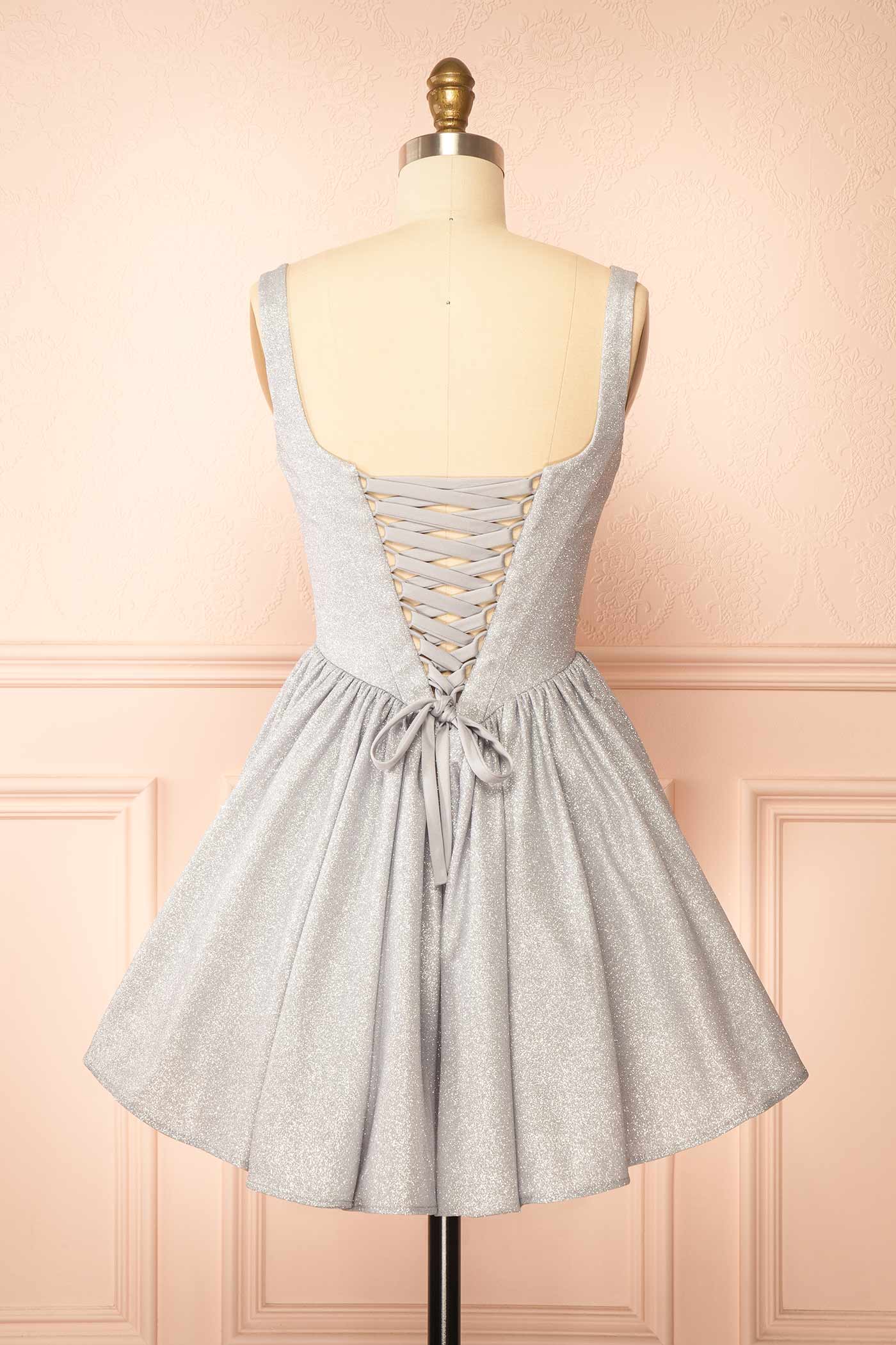 Edmida Silver Glitter Corset Basque Waist Mini Dress | Boutique 1861 back