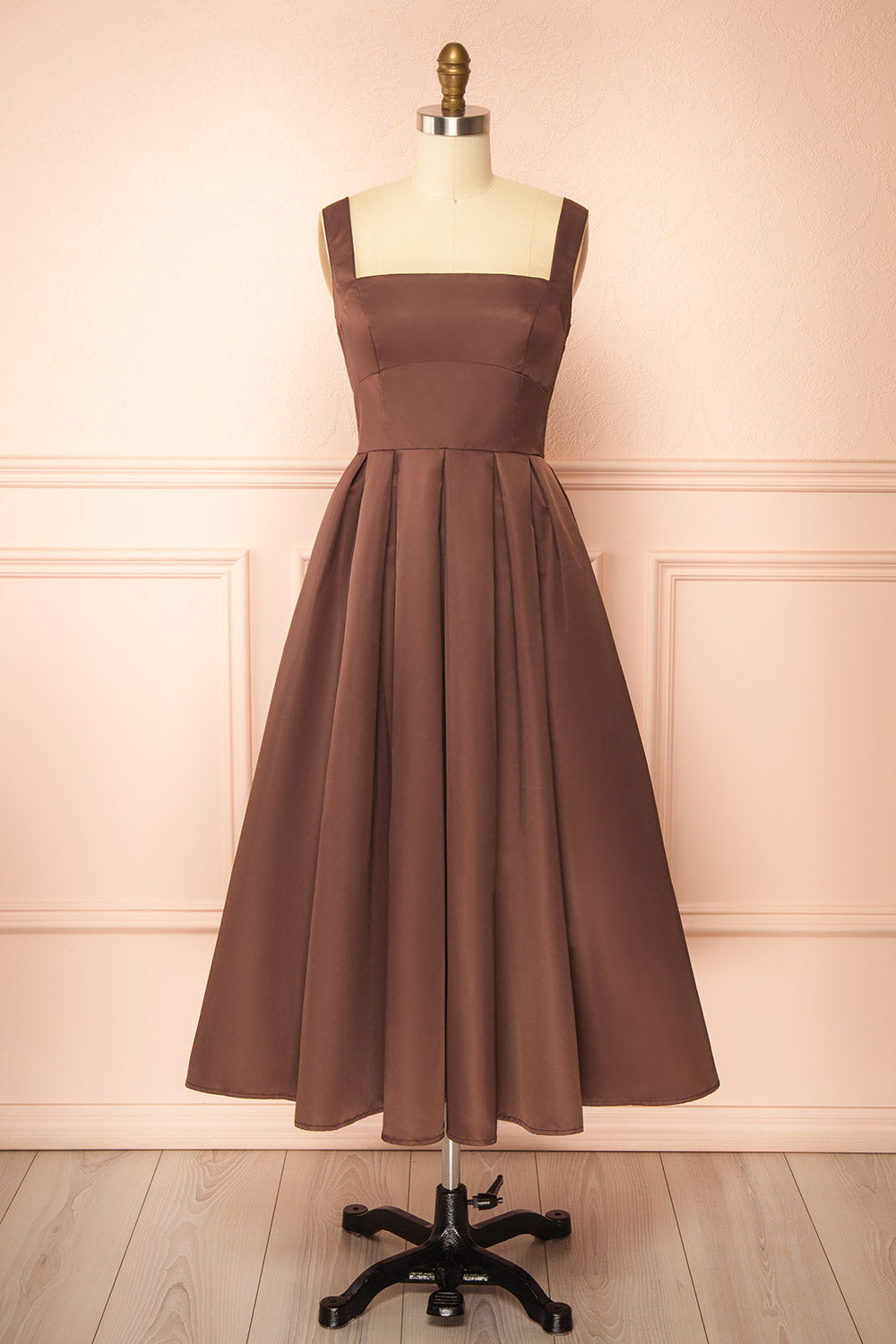 Edwina Brown Midi Dress with Pleated Skirt and Low-Cut Back