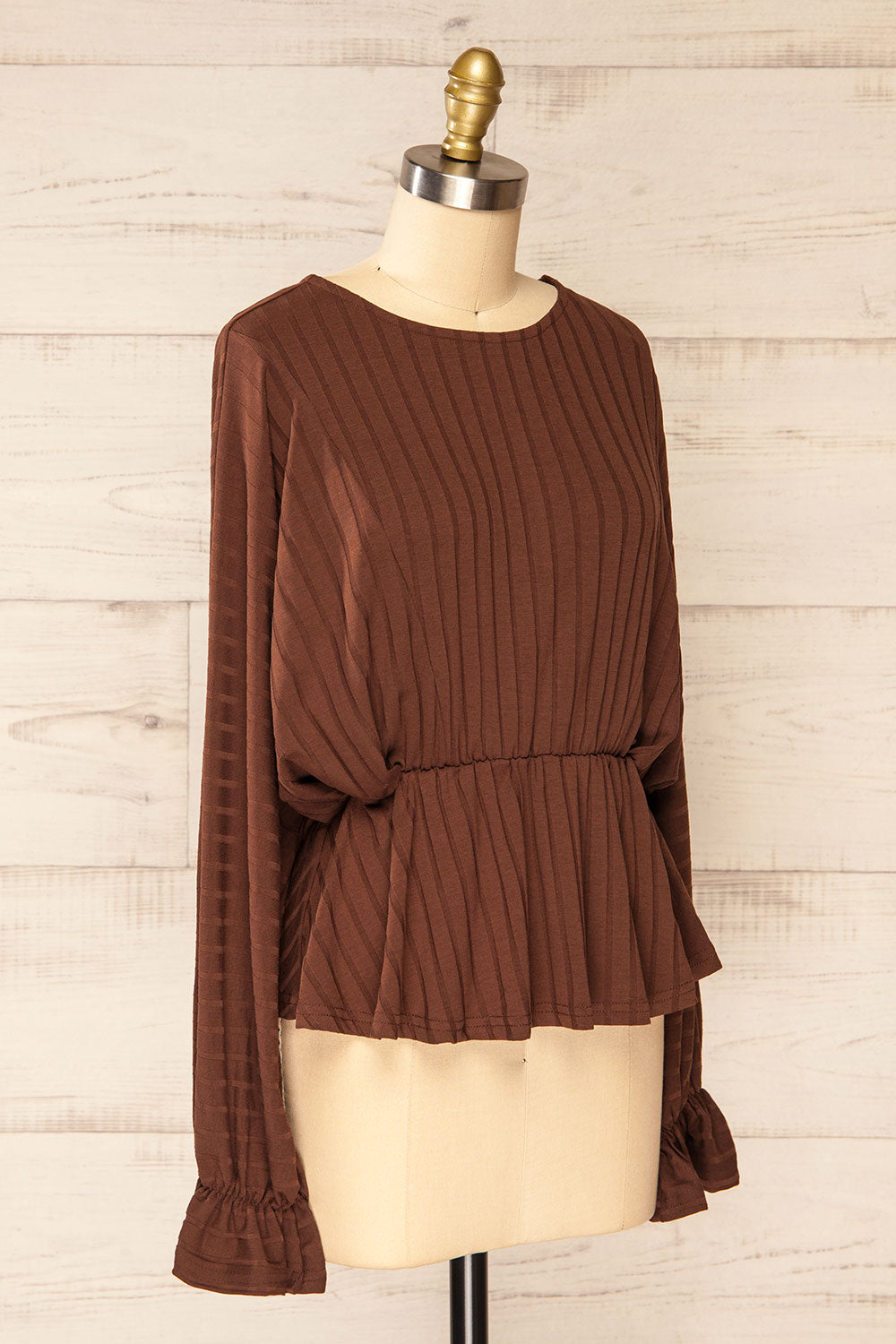 Eilat Brown Monochrome Striped Peplum Top | La petite garçonne side view