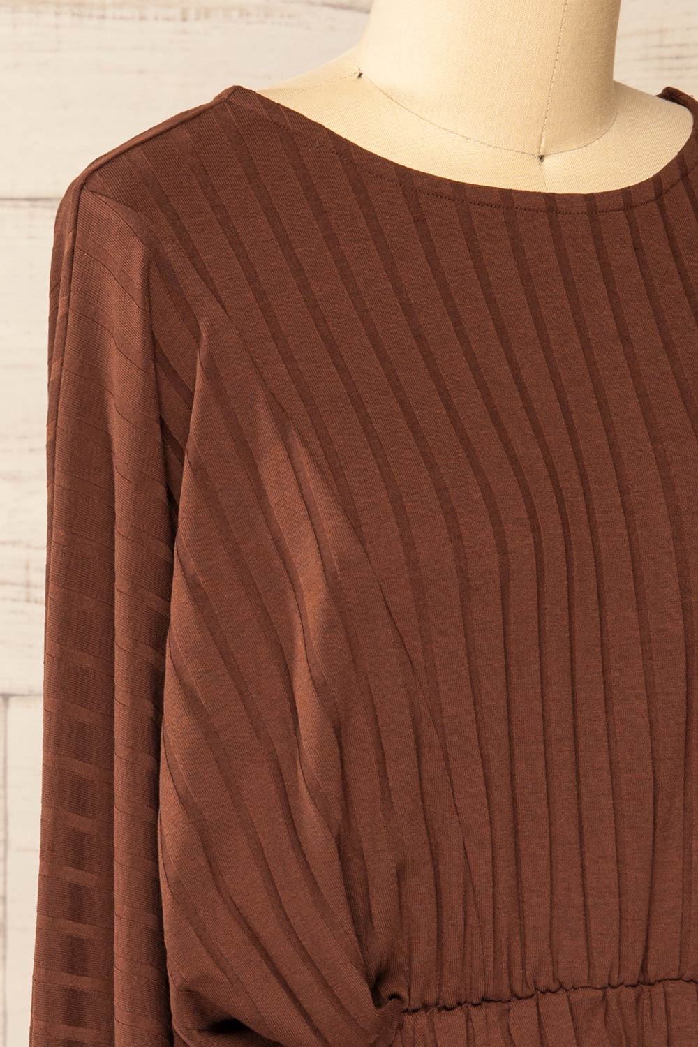 Eilat Brown Monochrome Striped Peplum Top | La petite garçonne side close-up