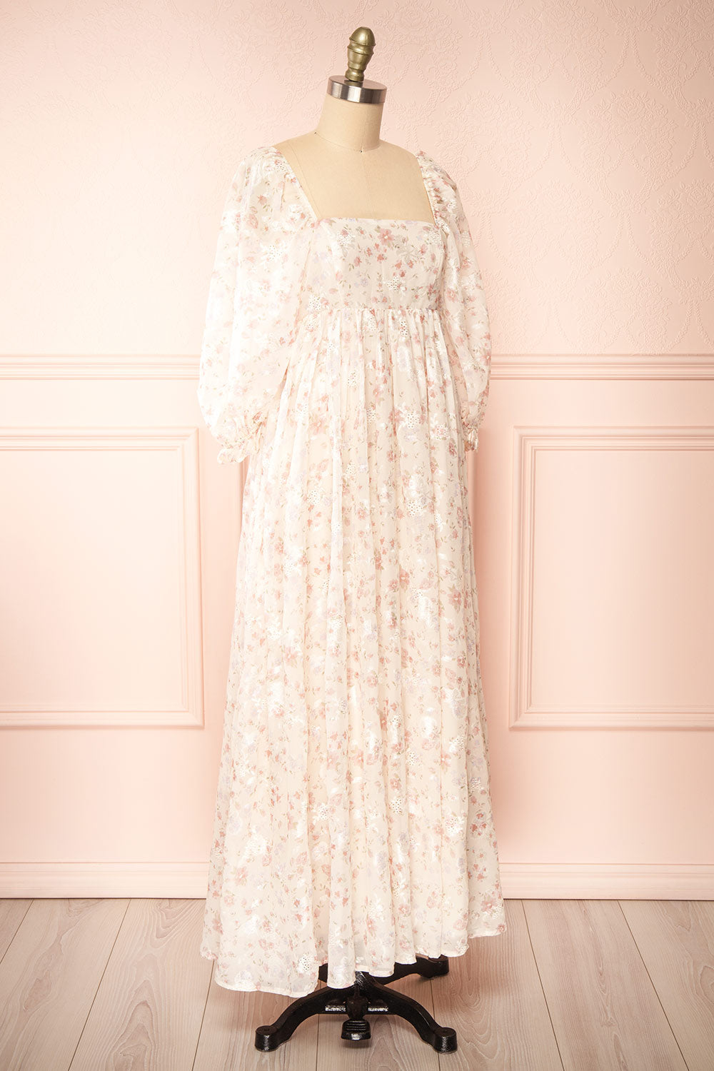 Eira Beige Floral Maxi Babydoll Dress w/ Openwork | Boutique 1861 side view