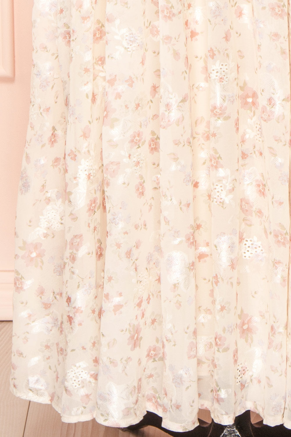 Eira Beige Floral Maxi Babydoll Dress w/ Openwork | Boutique 1861 bottom close-up