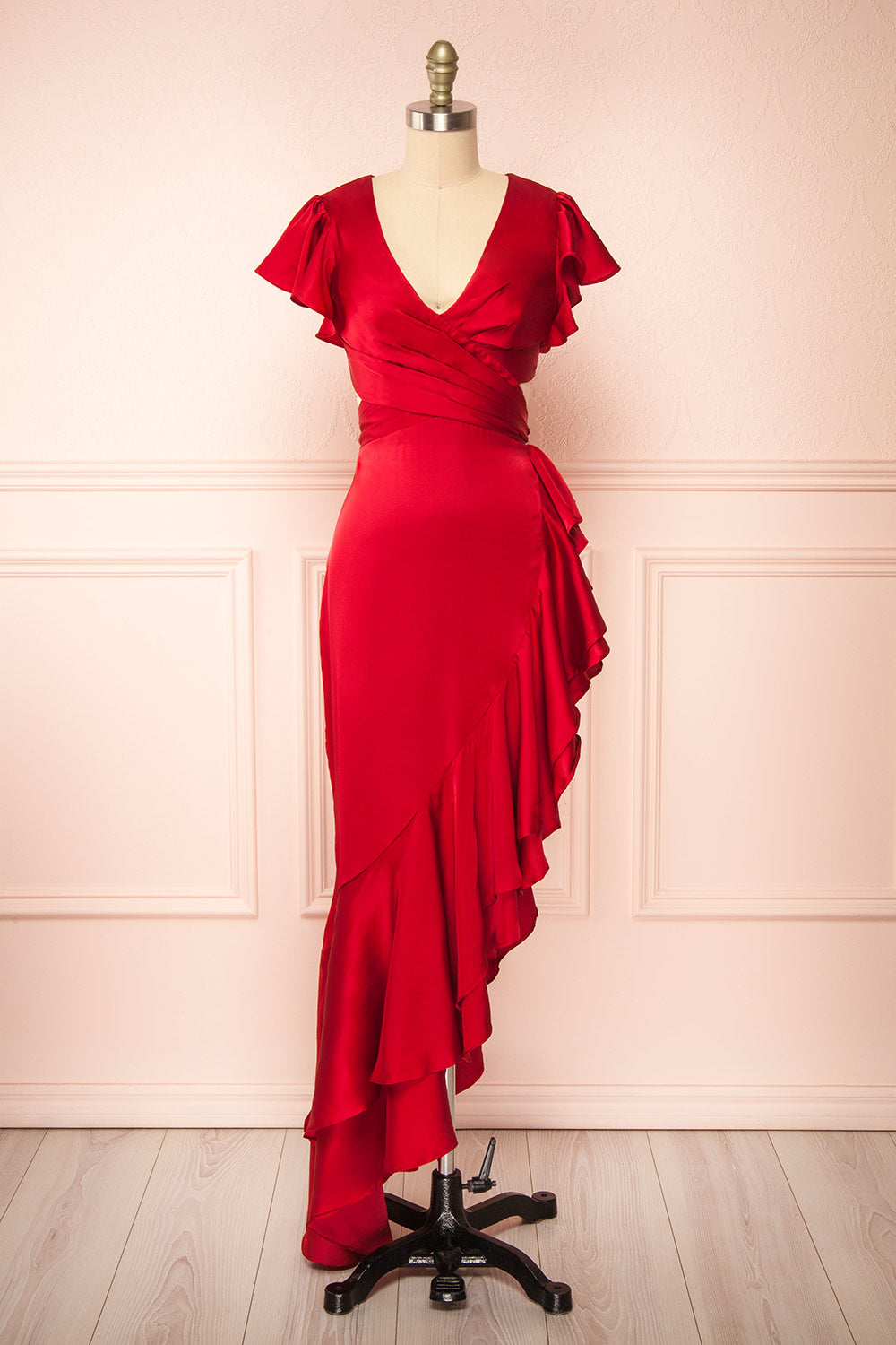 Eirlys Red Asymmetrical Satin Dress w/ Ruffles | Boutique 1861 Eirlys Red Asymmetrical Satin Dress w/ Ruffles | Boutique 1861