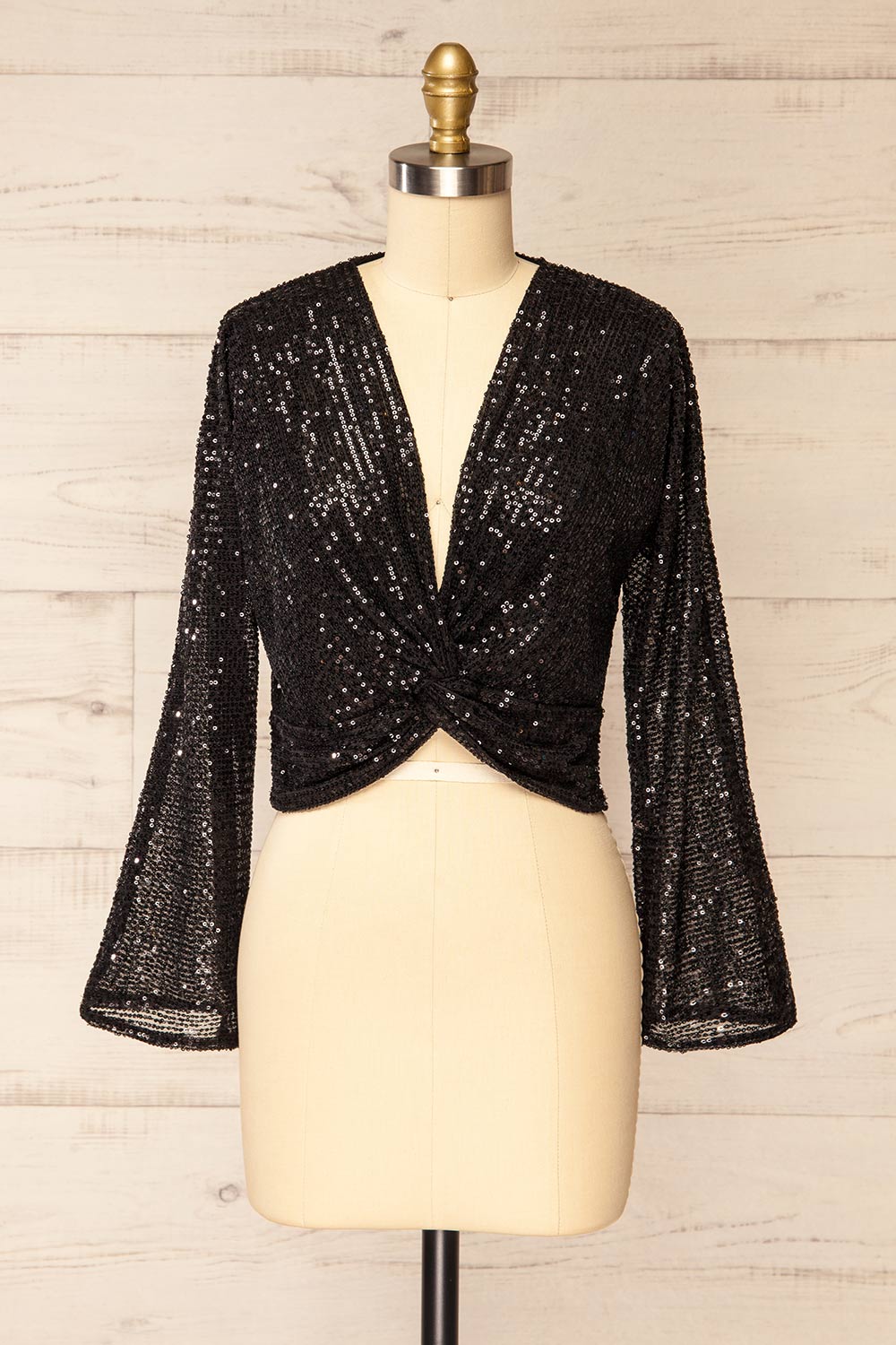 Ekinoxia Black Sequin Top w/ Twist Front | La petite garçonne front view