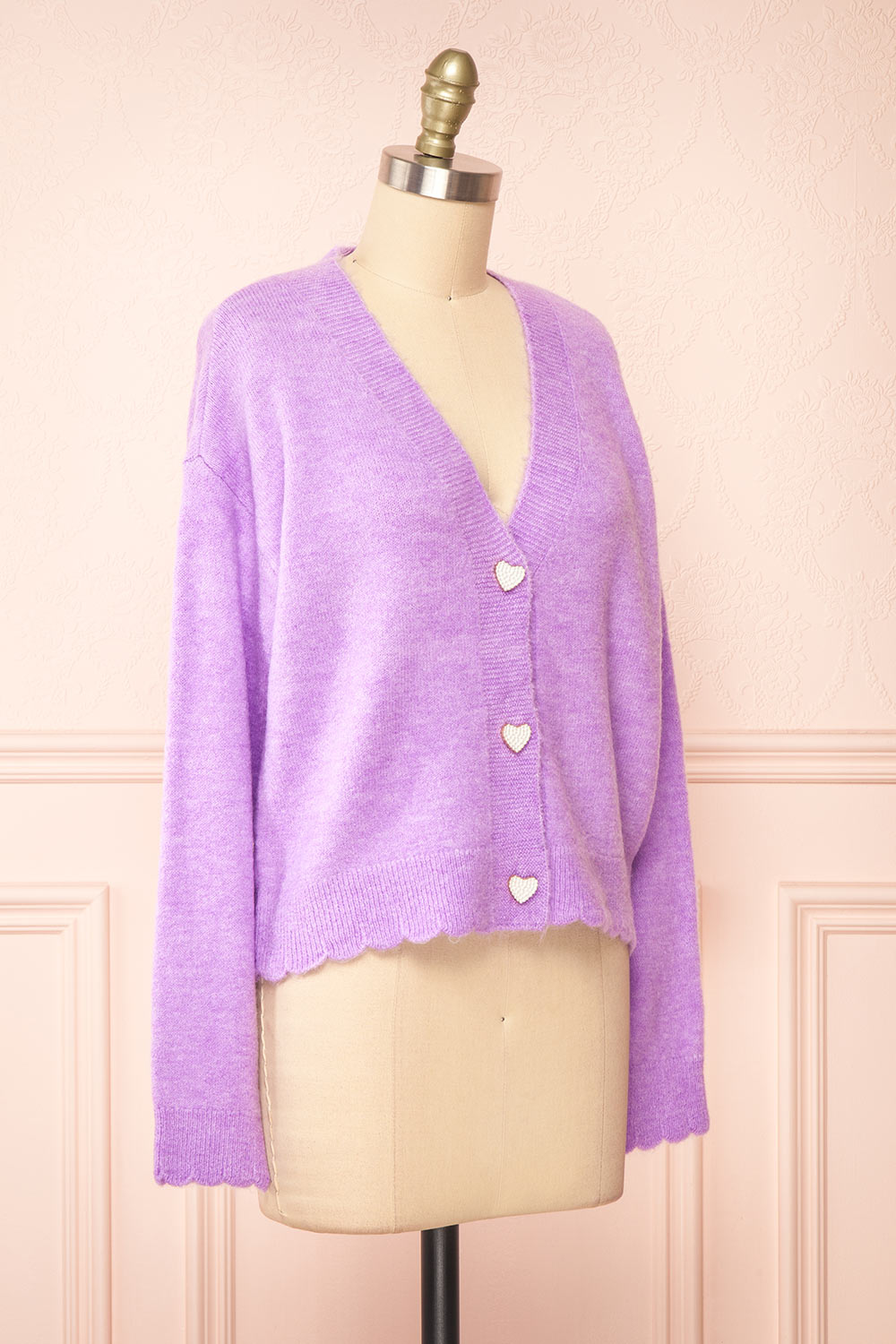 Elarisse Lilac Knit Cardigan w/ Heart Buttons | Boutique 1861 side view